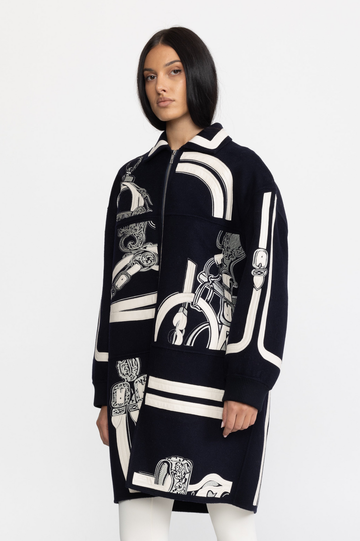 Manteau zippé en laine brodée à appliqué équestre - marine