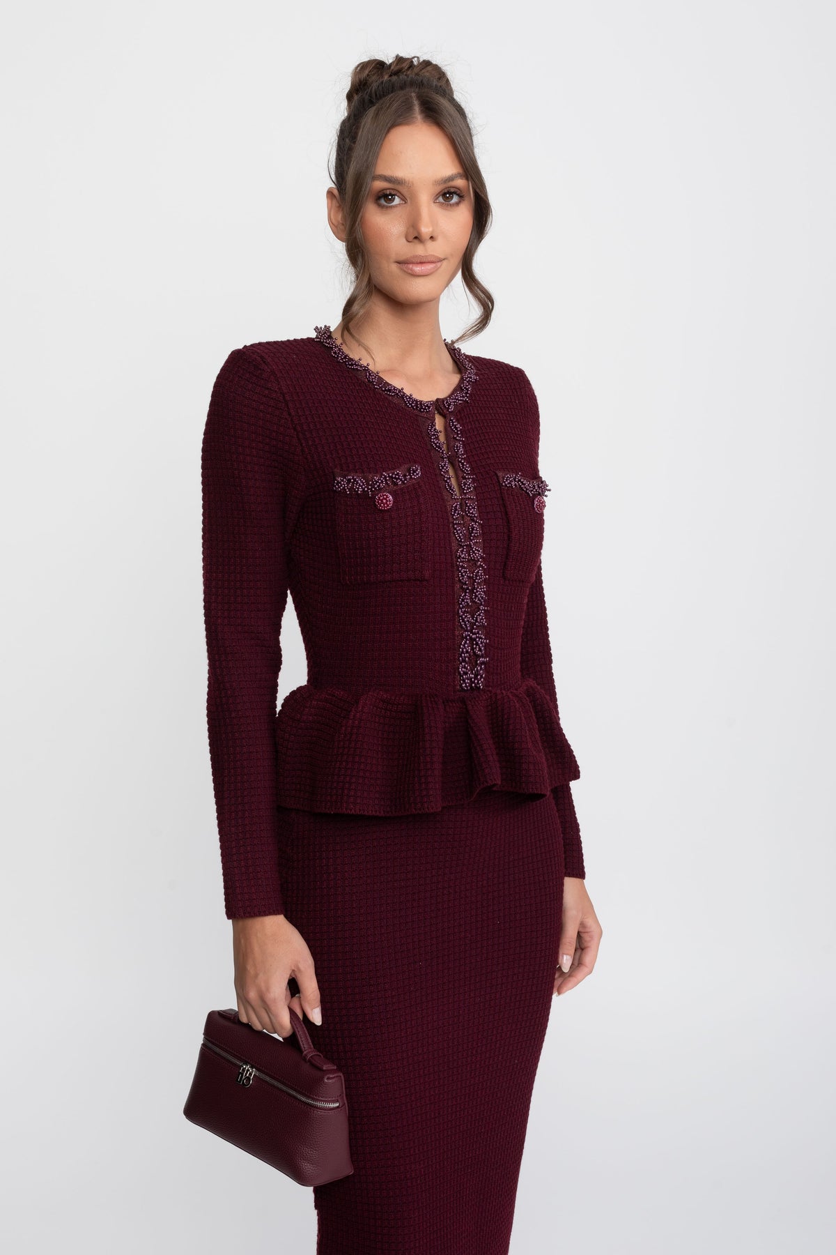 Robe péplum en maille avec bordure à franges et poches poitrine avant - Burgundy