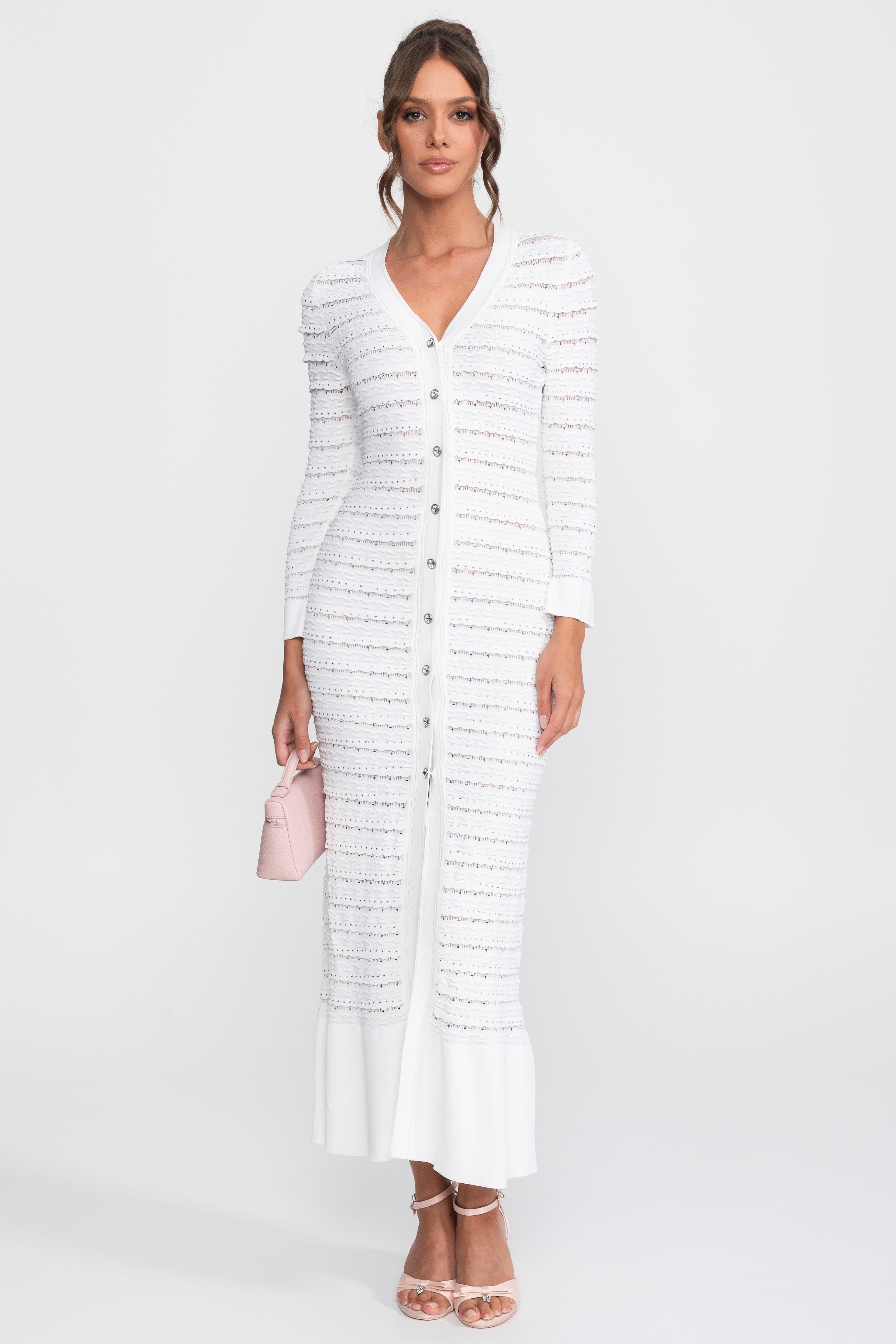 Robe longue cardigan en maille texturée avec bouton en cristal - Blanc