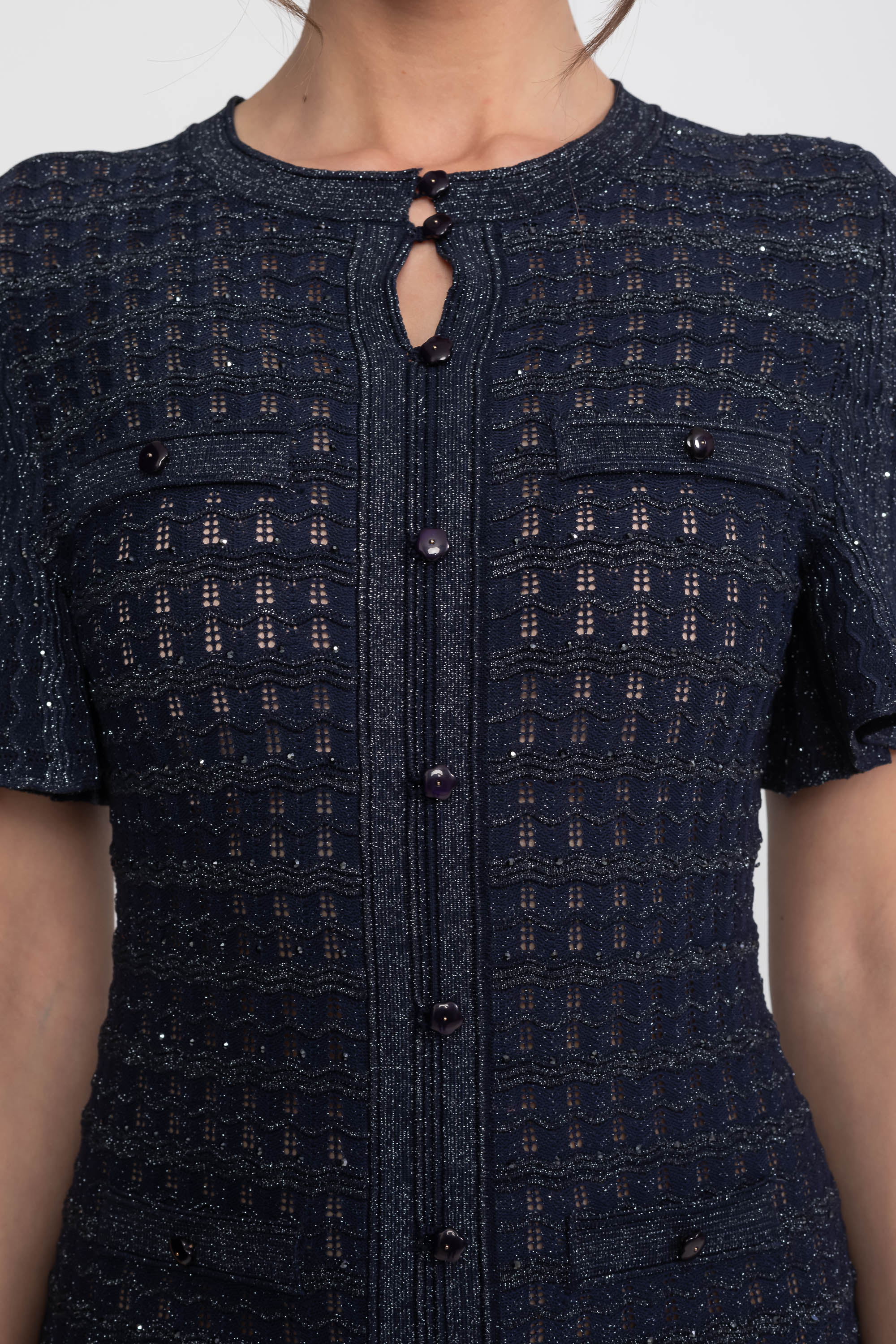 Robe Midi à Manches Courtes avec Texture Tricotée Scintillante - Navy