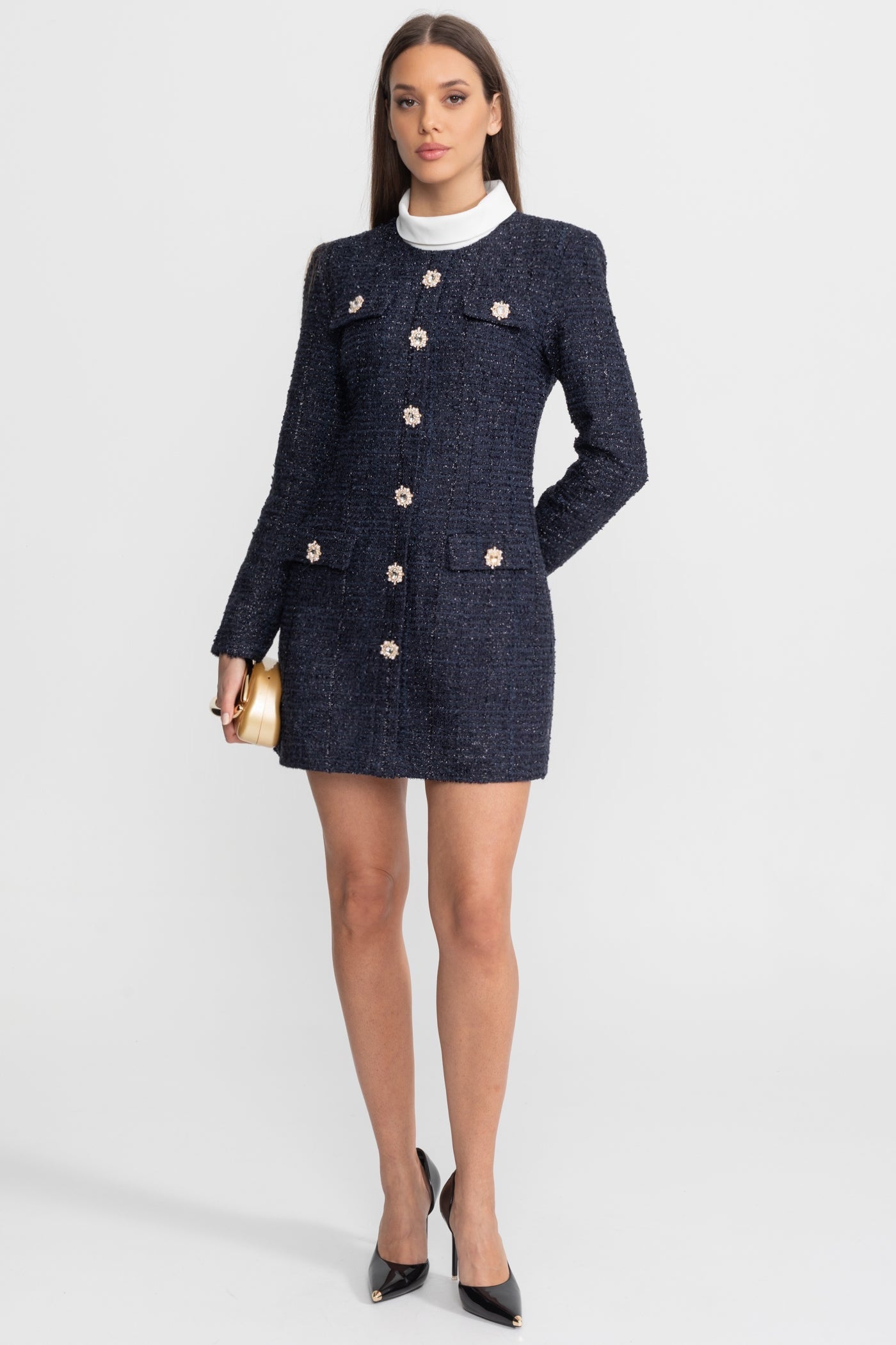 Robe Mini en Tweed Texturé avec Ornements de Boutons en Cristal – Navy