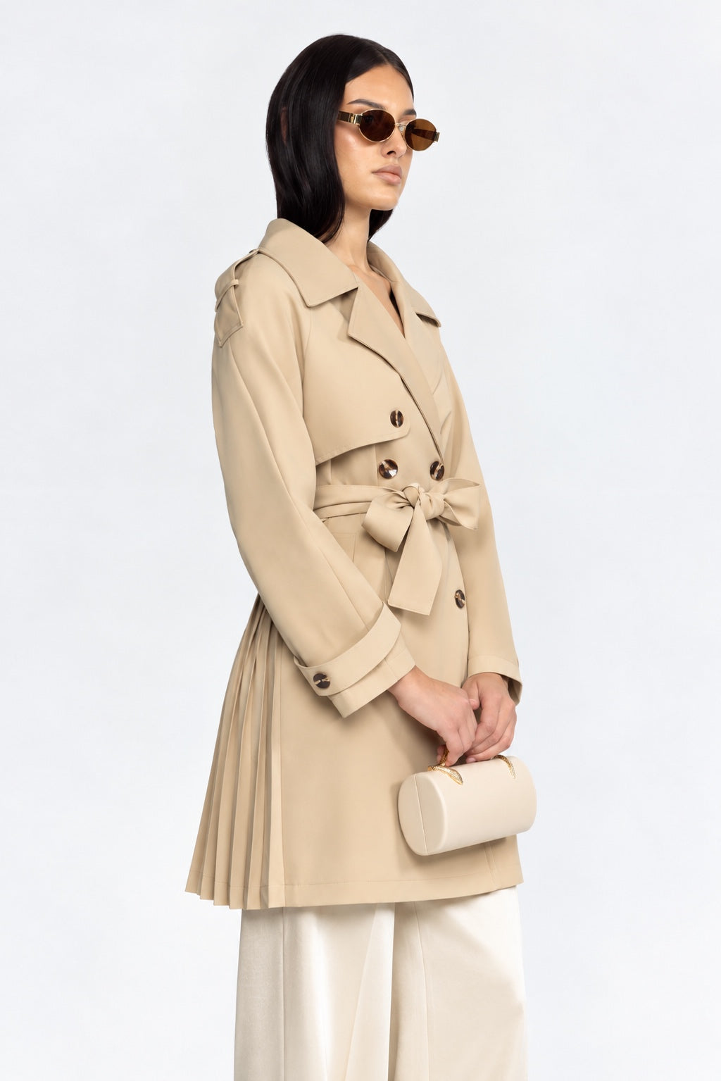 Pleated Back Belted Trench Coat - Khaki