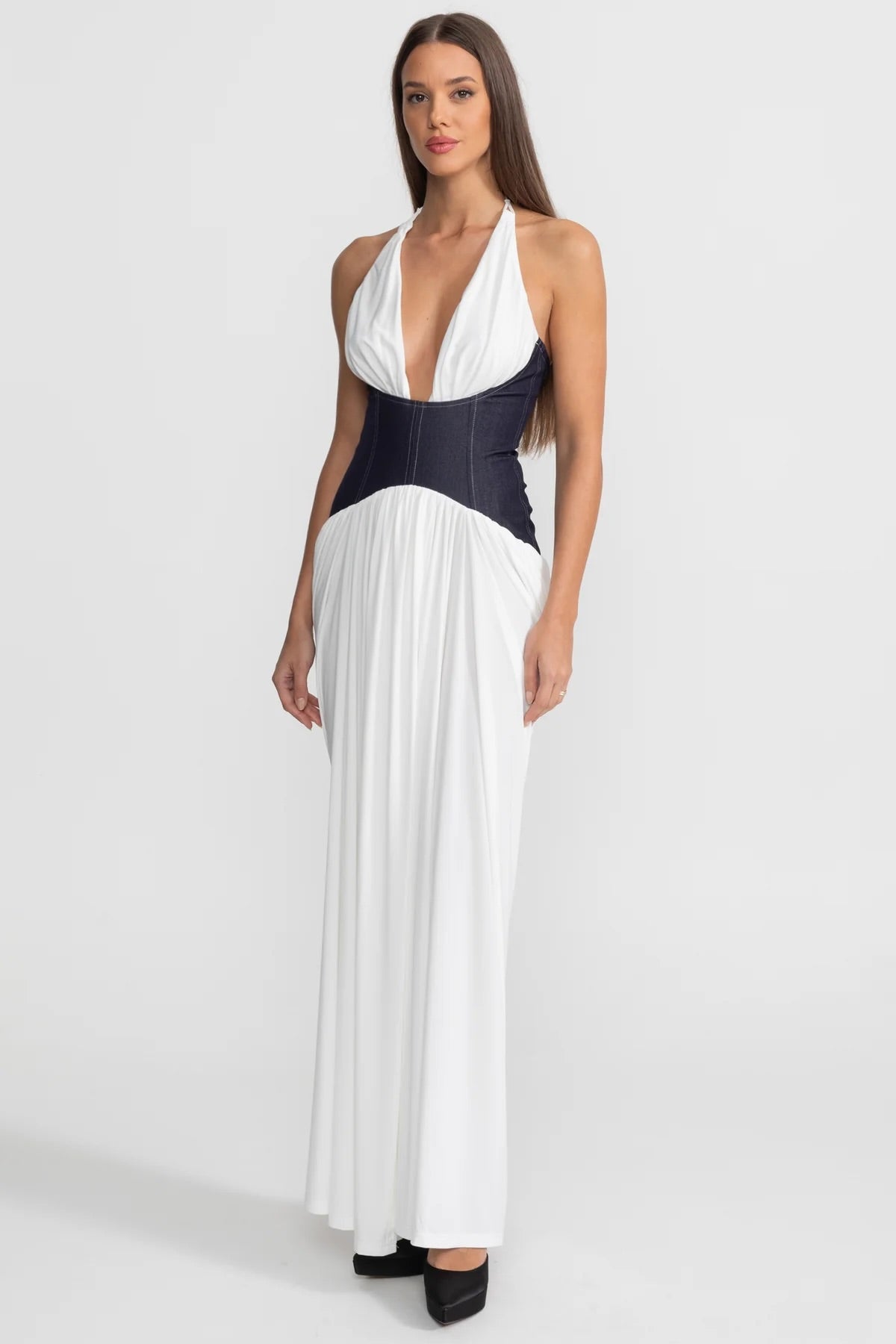 Robe Maxi Halter avec Corset en Denim à la Taille – Blanc
