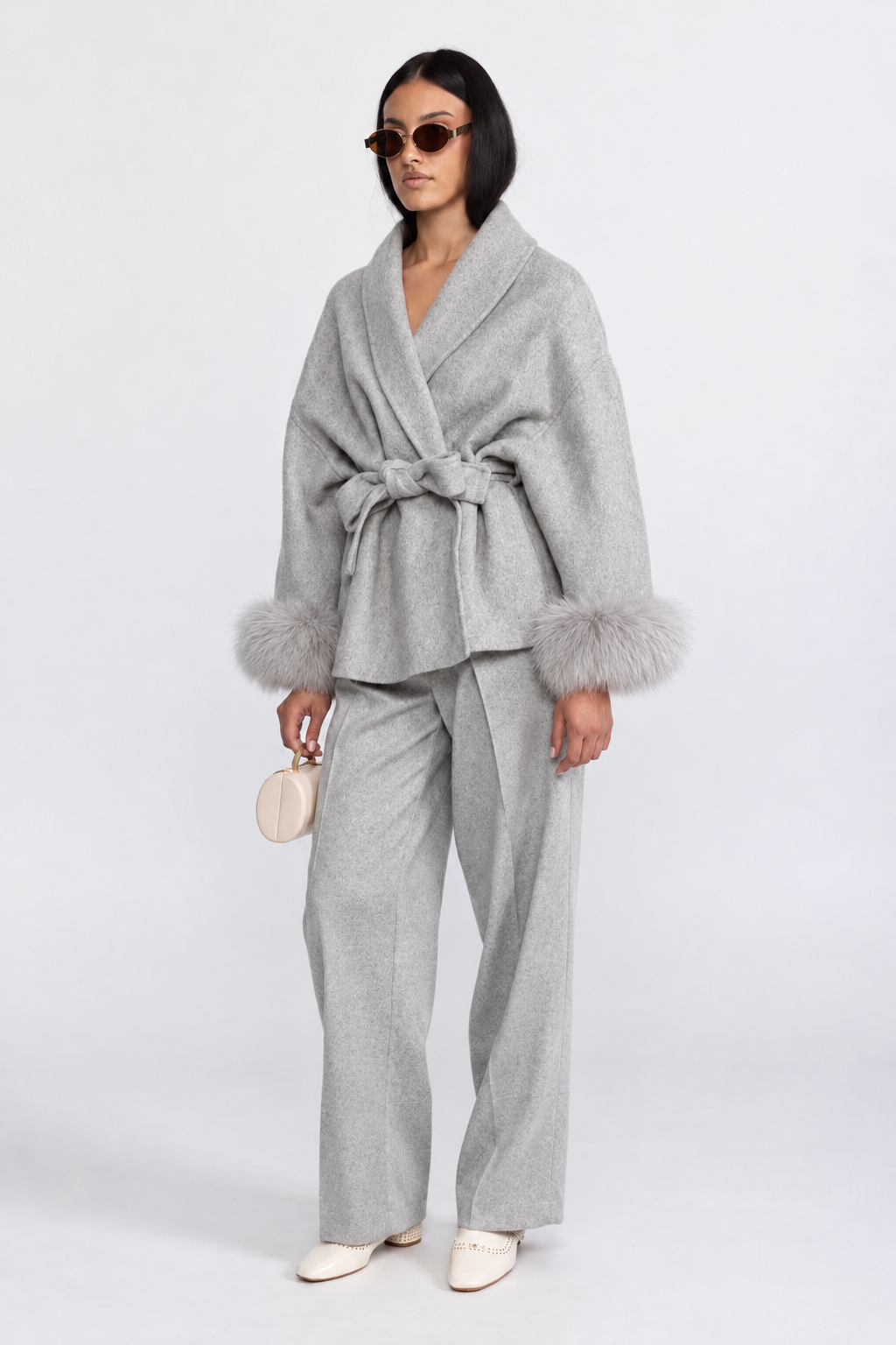 Wool Blend Wrap Jacket with Fox Fur Cuffs - Grey