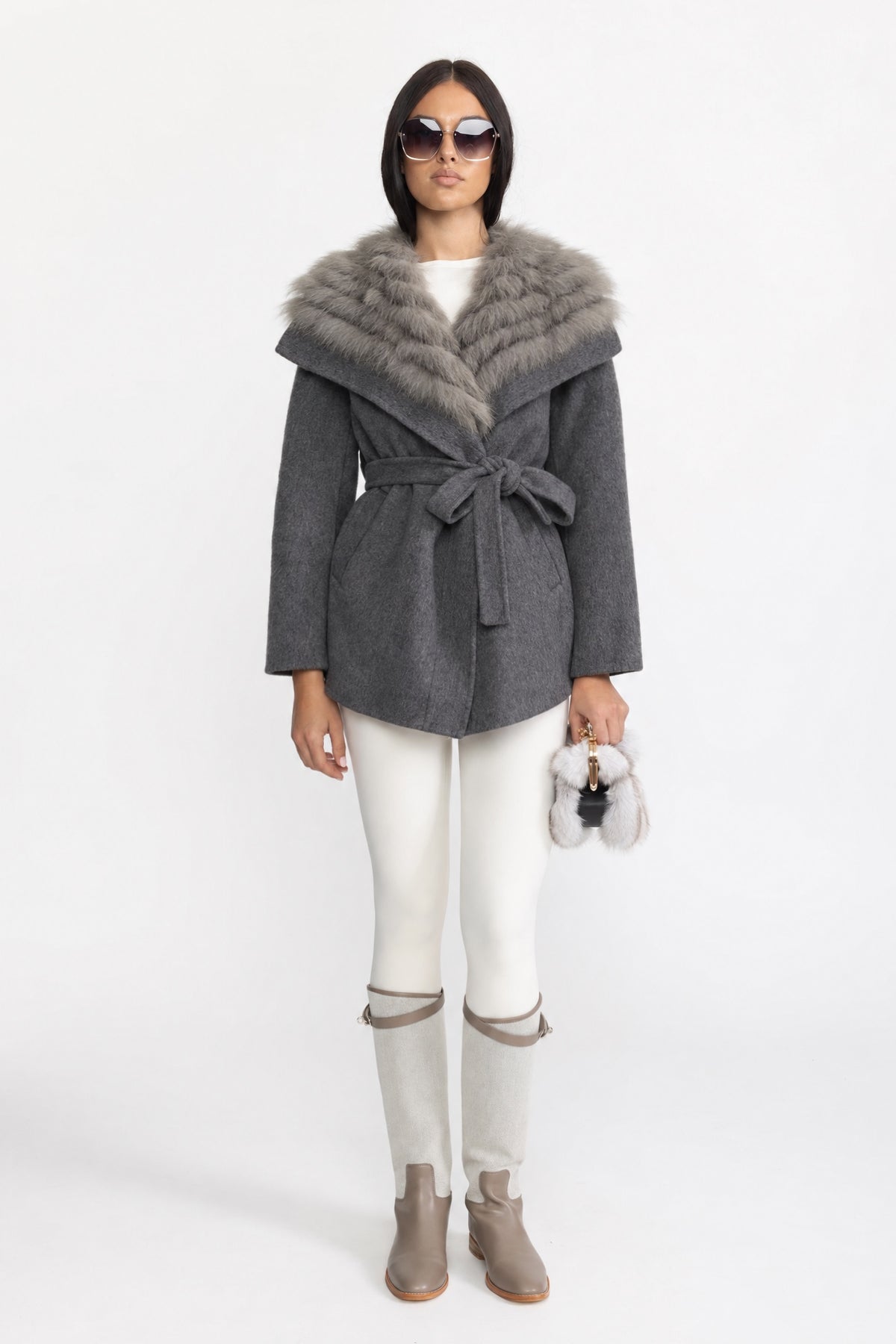 Wool Coat with Oversized Fur Collar And Belt - Gray
