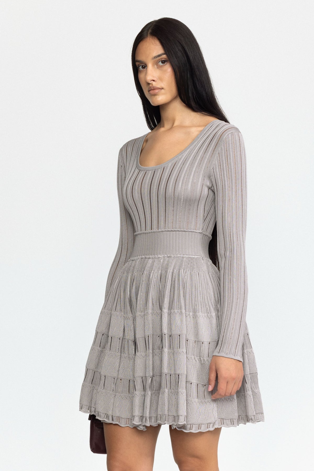 Robe patineuse mini à encolure dégagée en maille ajourée - Gris