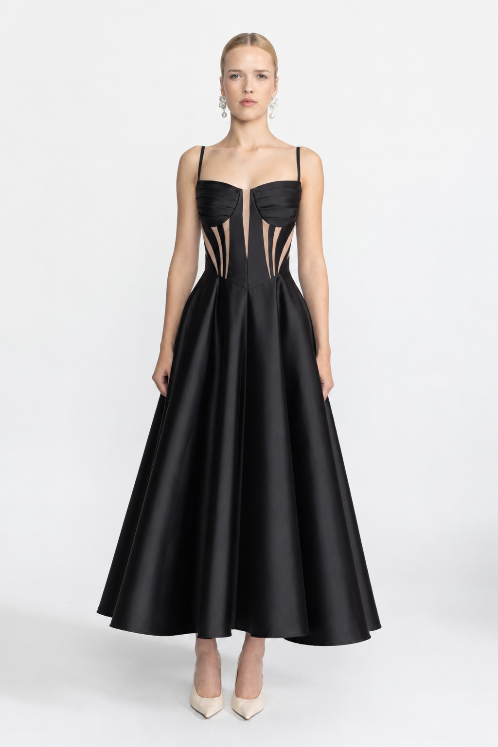 Robe midi corset en satin à empiècements transparents - Noir