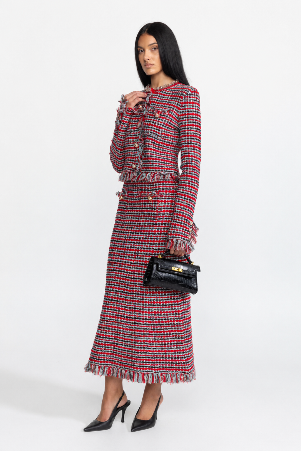 Ensemble veste en tweed à franges et jupe midi coordonnée - rouge multicolore