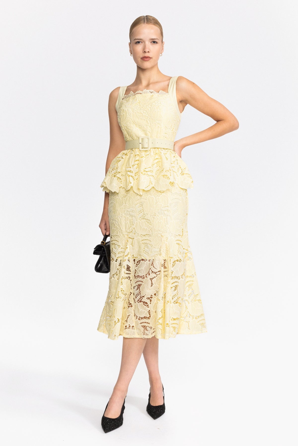 Ensemble top péplum et jupe midi en dentelle guipure - jaune