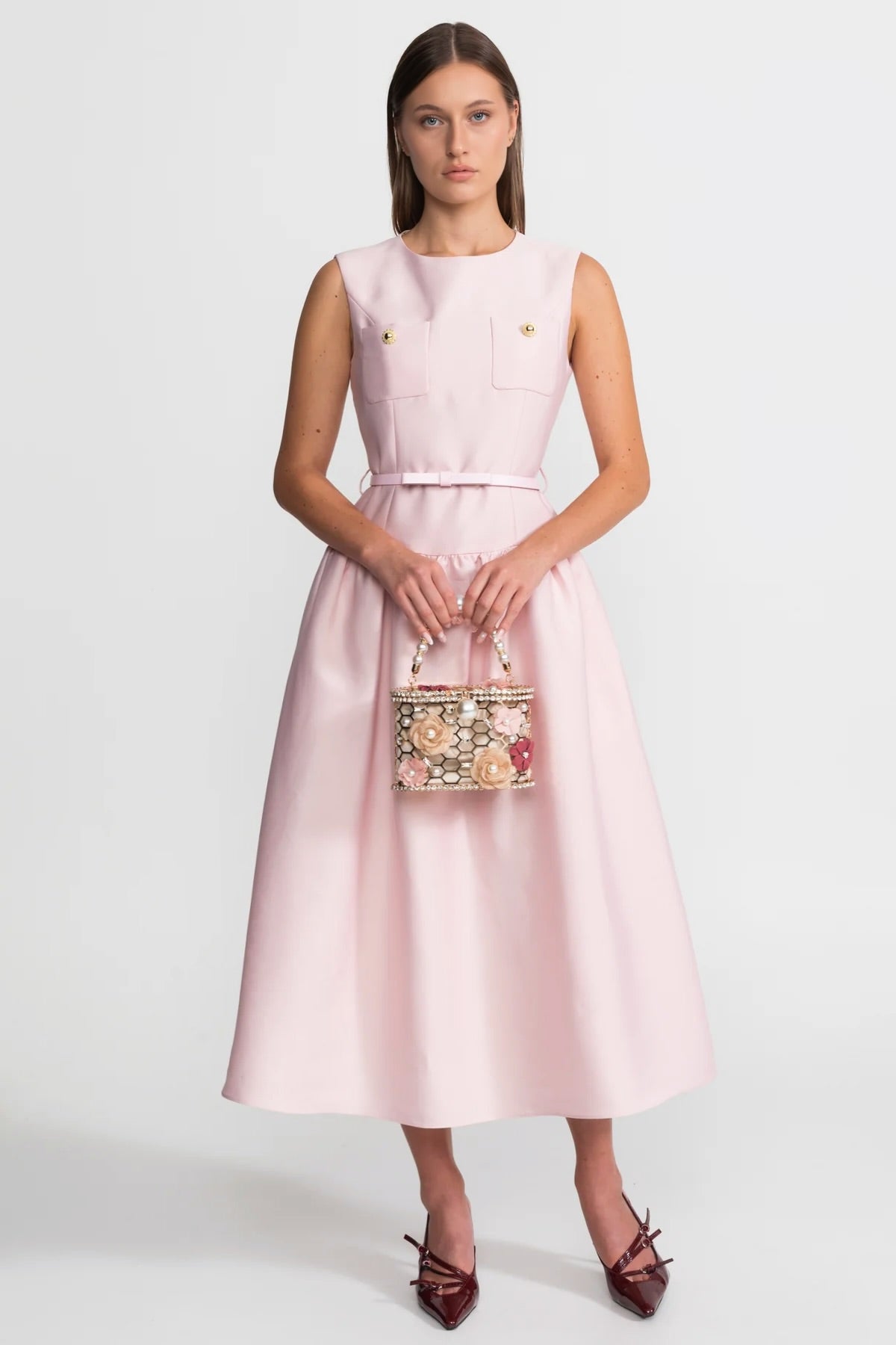 Robe Midi Sans Manches Avec Taille Ceinturée Et Poches Avant – Blush Pink