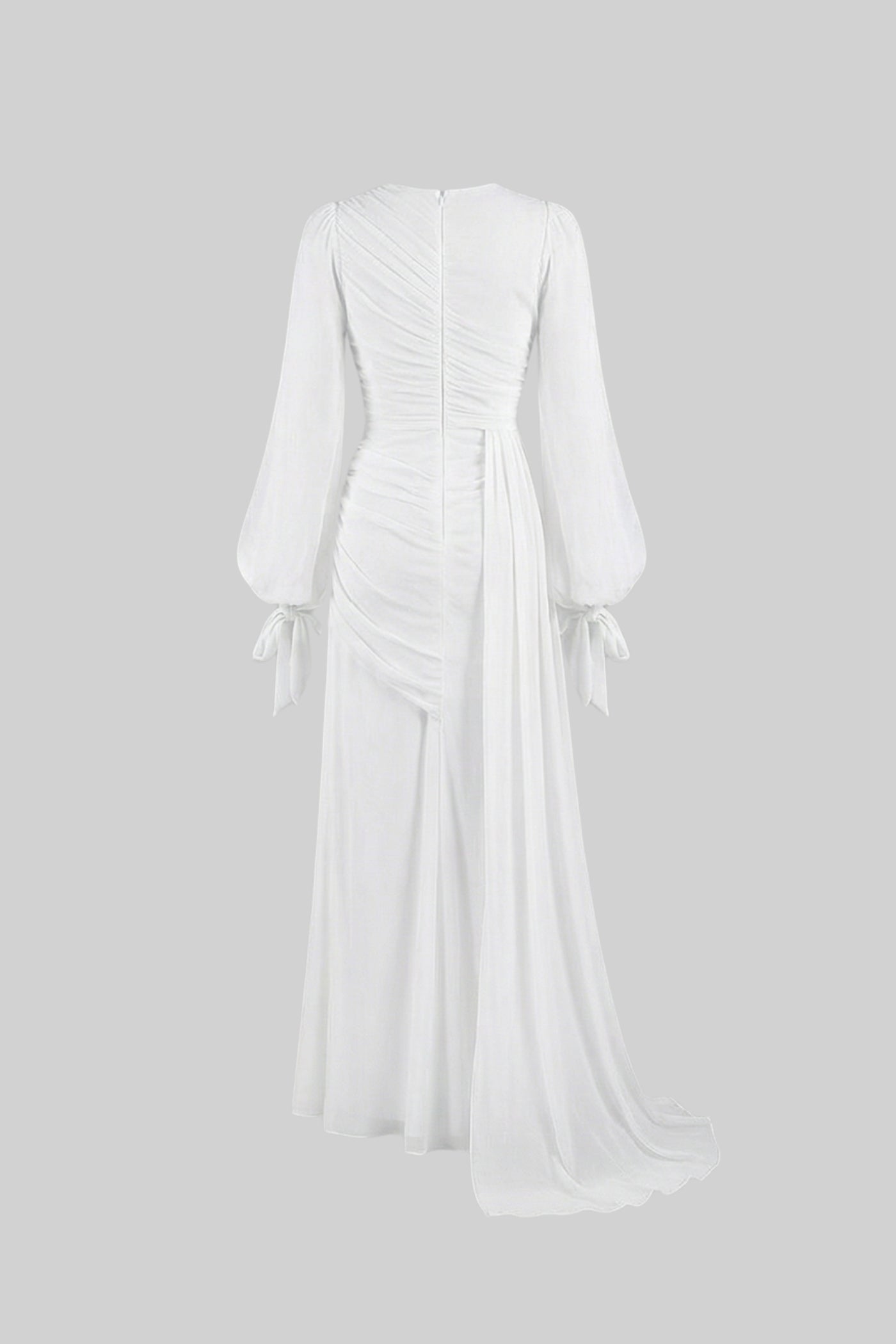 Draped Long-Sleeve Maxi Dress with Gathered Waist – White