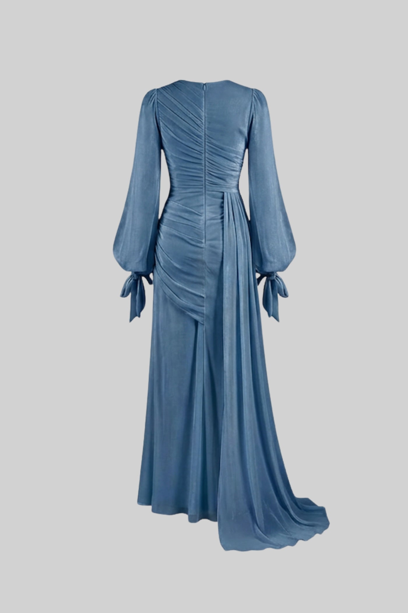 Robe longue drapée à manches longues avec taille froncée – baby blue