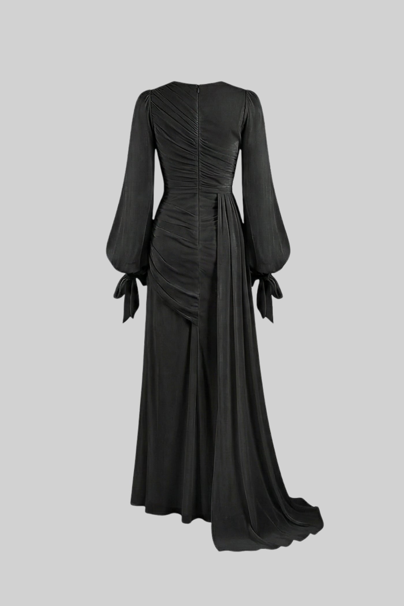 Robe longue drapée à manches longues avec taille froncée – Noir