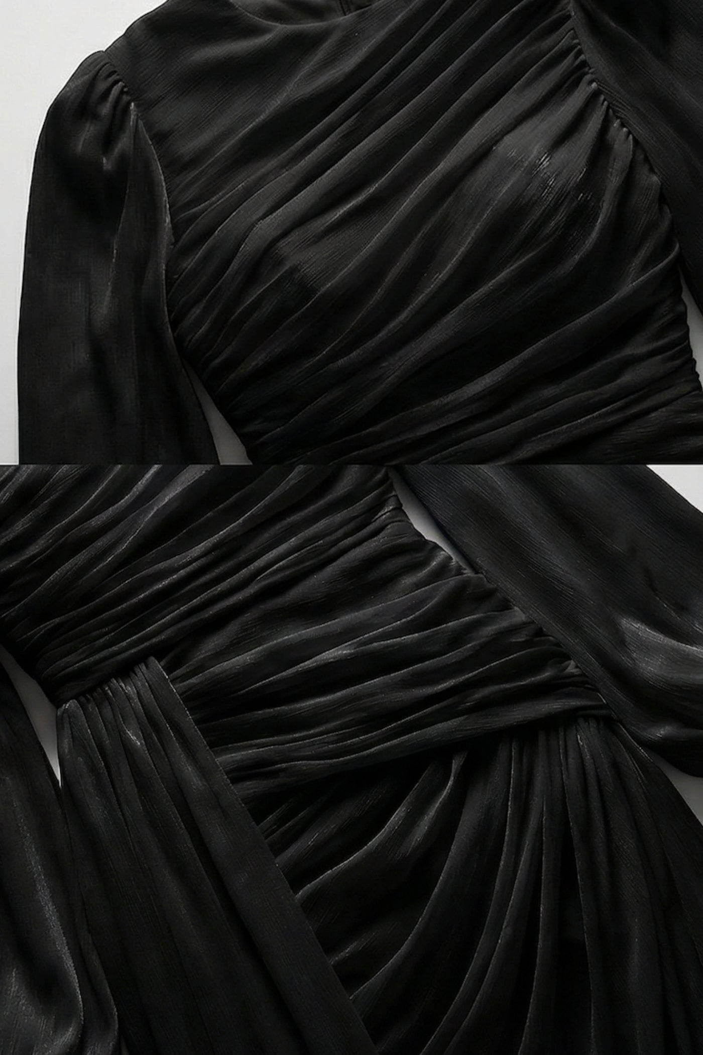 Robe longue drapée à manches longues avec taille froncée – Noir