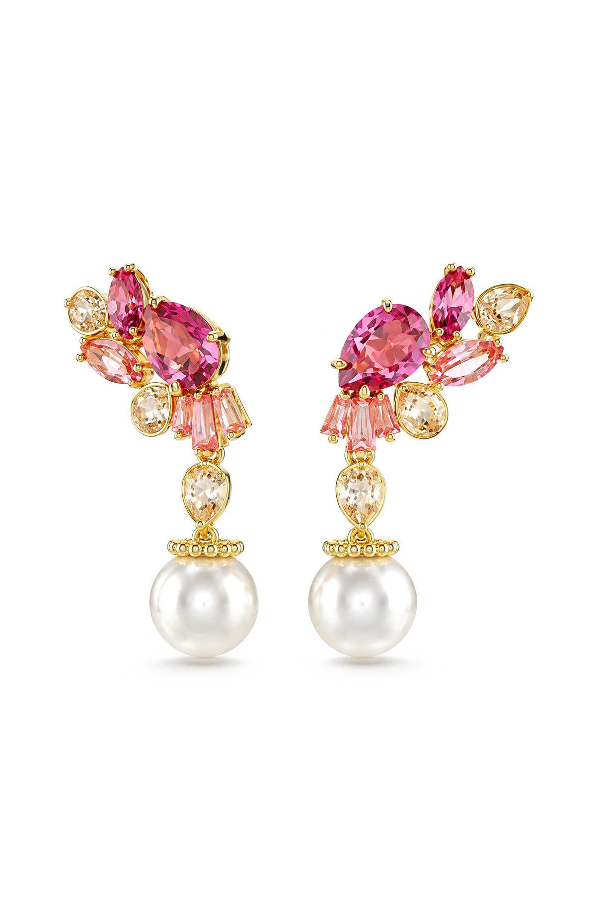 Boucles d’oreilles pendantes perle et cristal rouge - or