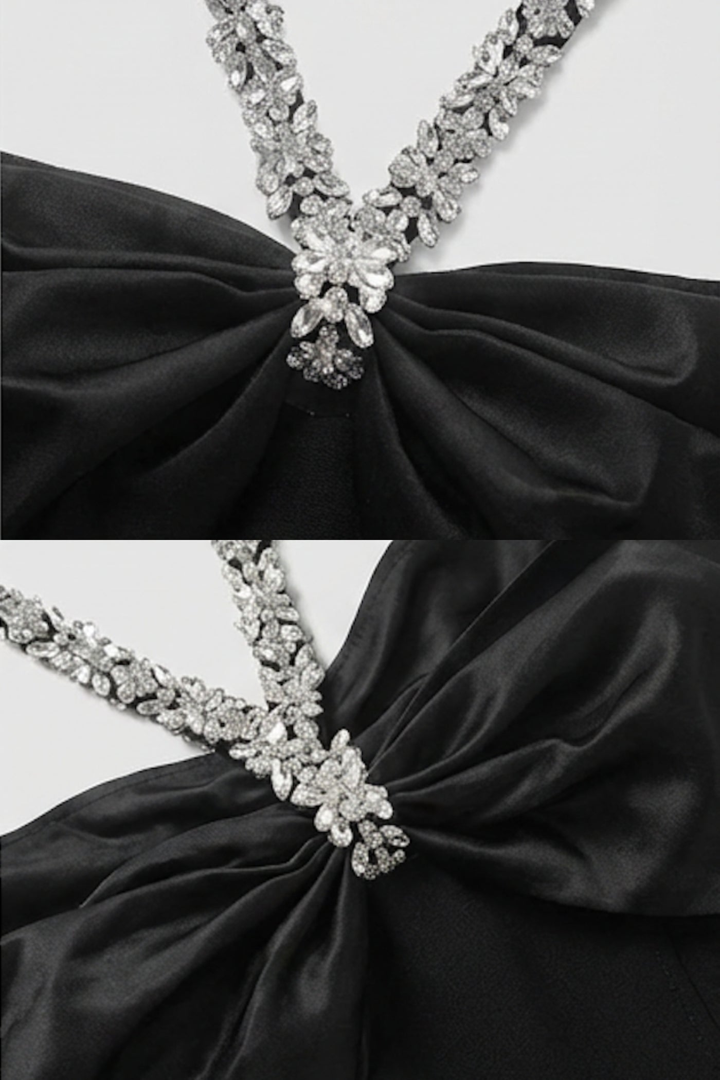 Robe Maxi à Col Nœud Ornée avec Bretelles en Cristal – Noir