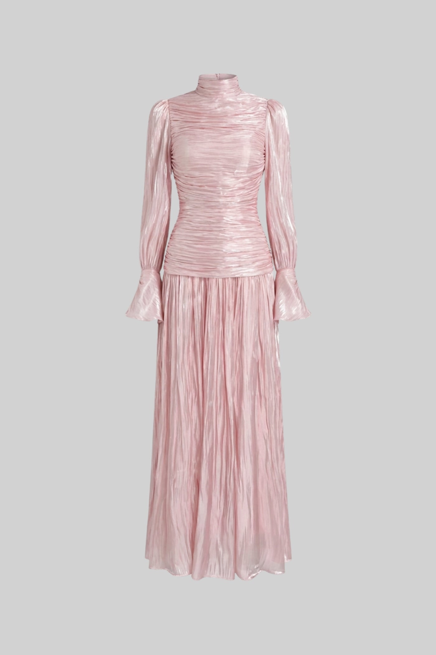 Ruched Long Sleeve Maxi Dress With Pleated Skirt - Blush Pink