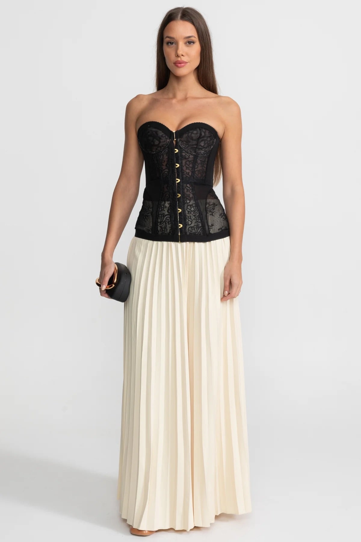 Haut corset en dentelle sans bretelles avec armatures et fermeture frontale - Noir