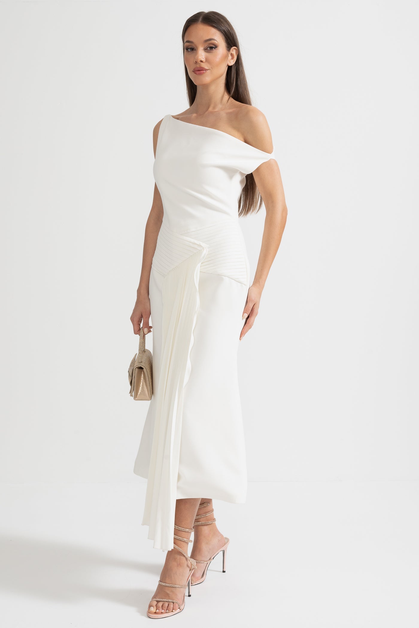 Robe Midi Épaule Dénudée Avec Détail Plissé à la Taille - Blanc