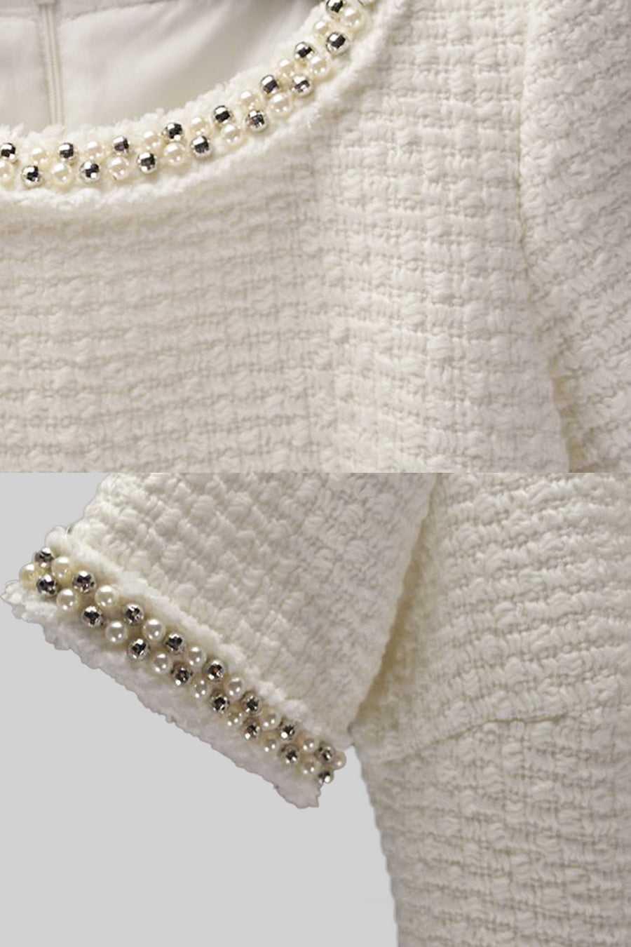 Robe en maille à manches courtes avec détails perlés - Ivoire