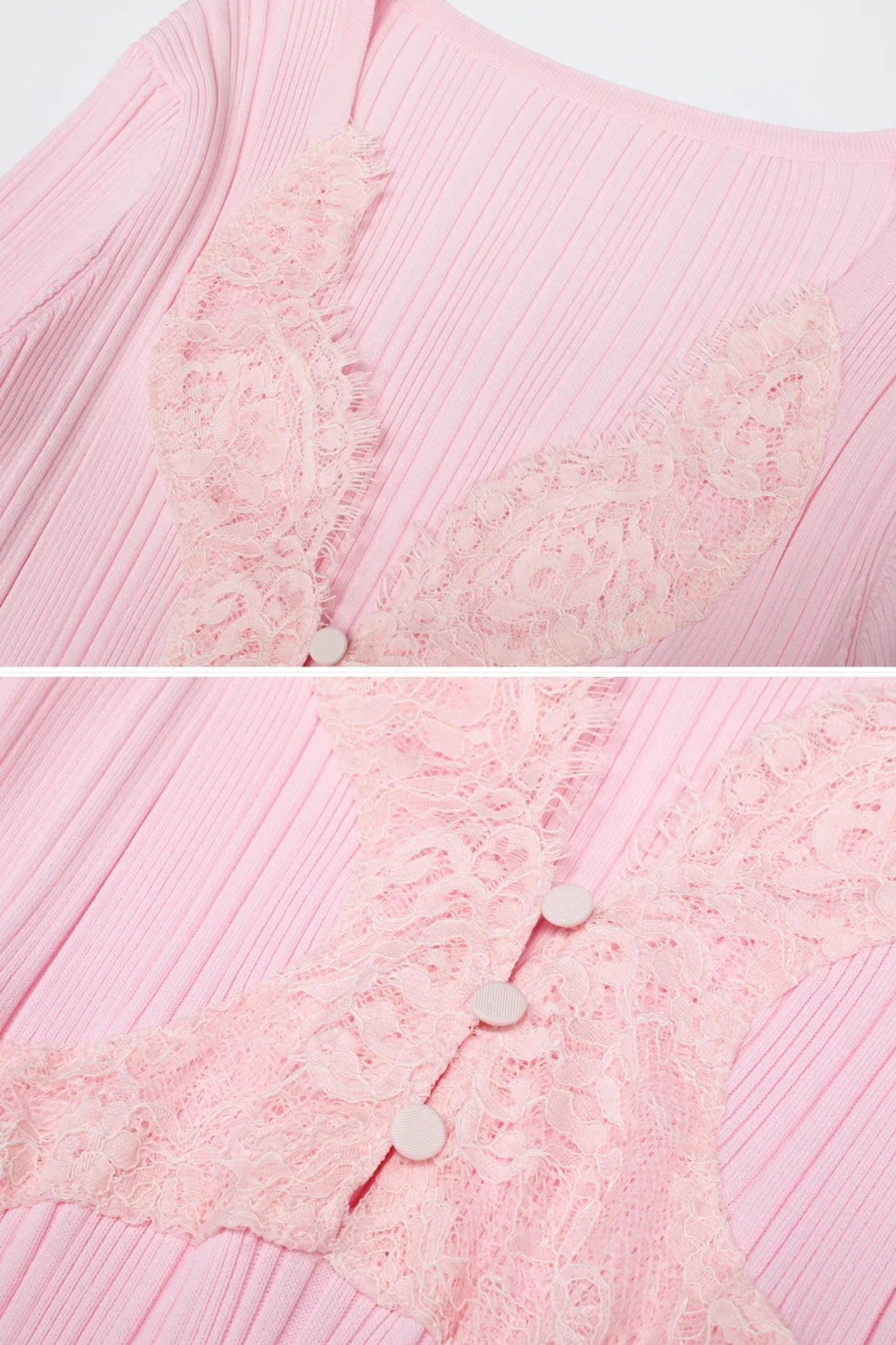 Robe midi à manches longues côtelées avec décolleté en V orné de dentelle - Baby Pink