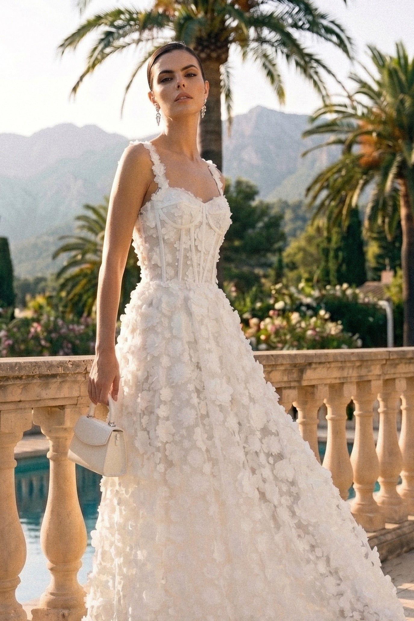 Floral Appliqué Maxi Dress With Corset Bodice - White