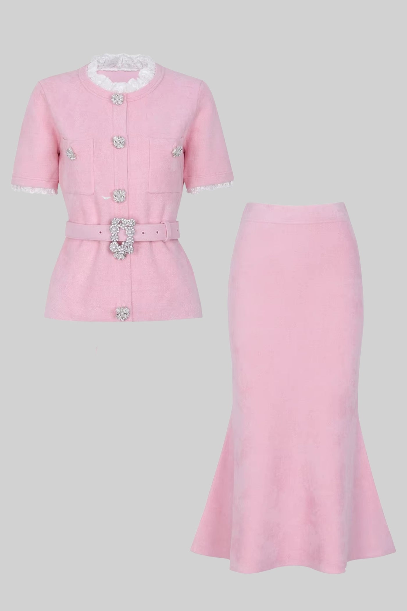 Ensemble à manches courtes avec taille peplum et ceinture à boutons en cristal - Blush Pink