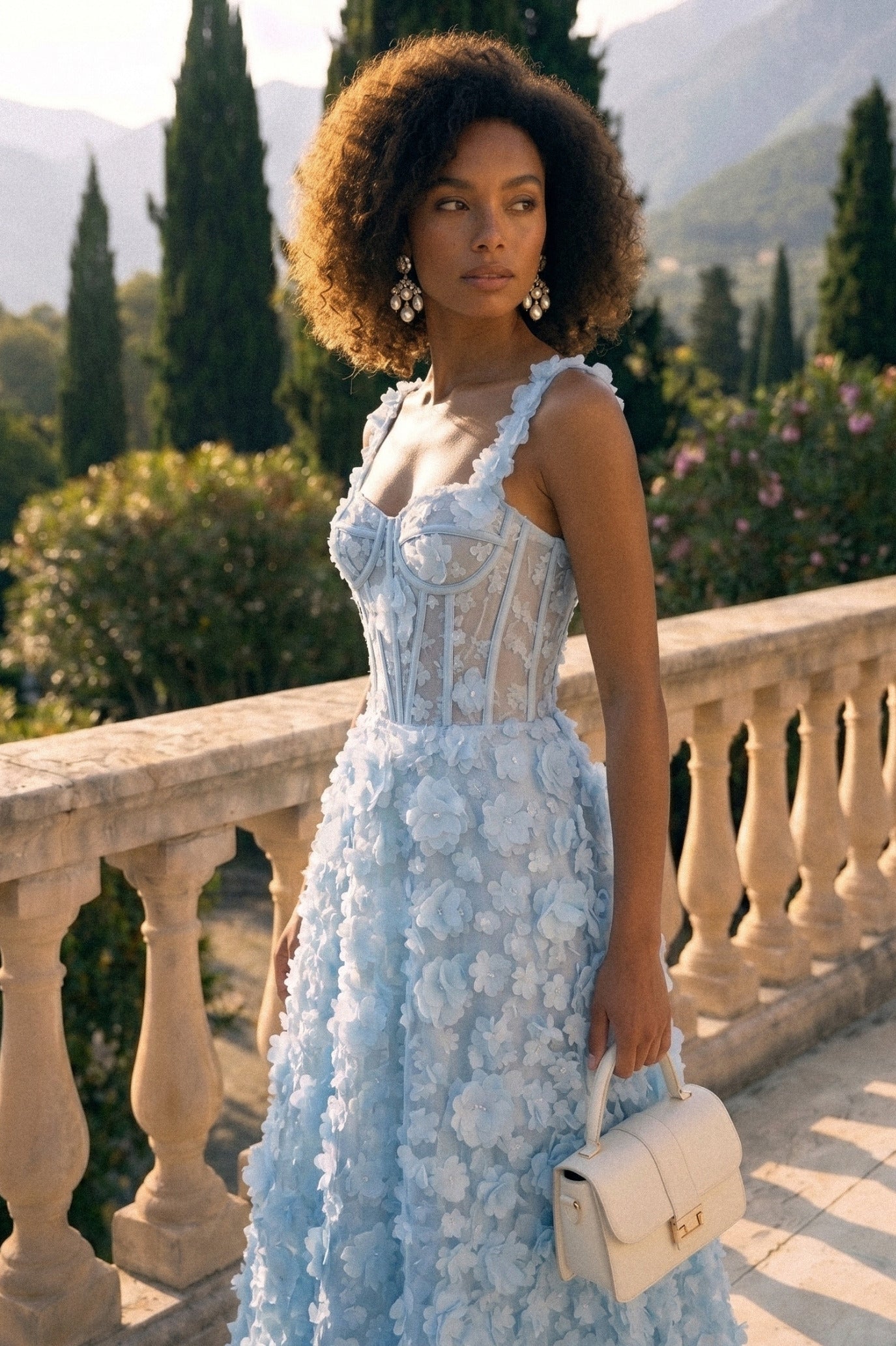 Robe Maxi à Appliqués Floraux avec Corset - Bleu