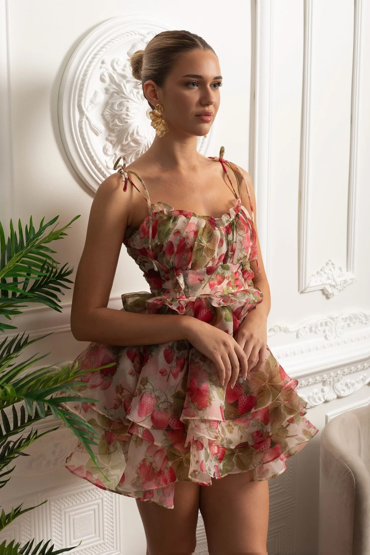 Robe courte imprimée à volants avec dos corset - Fraise
