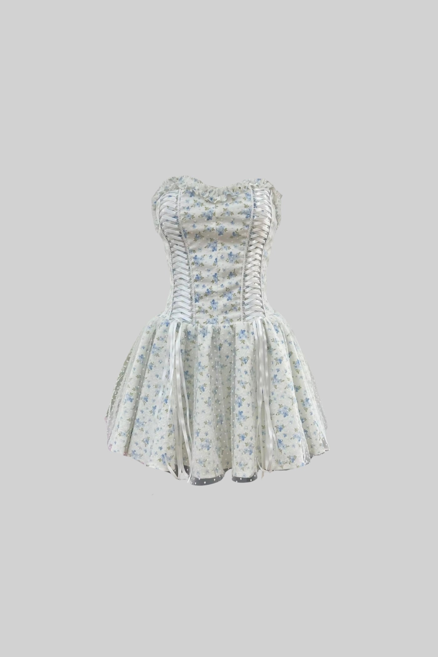 Robe courte corset avec encolure en cœur et délicat motif floral - Blanc/Bleu