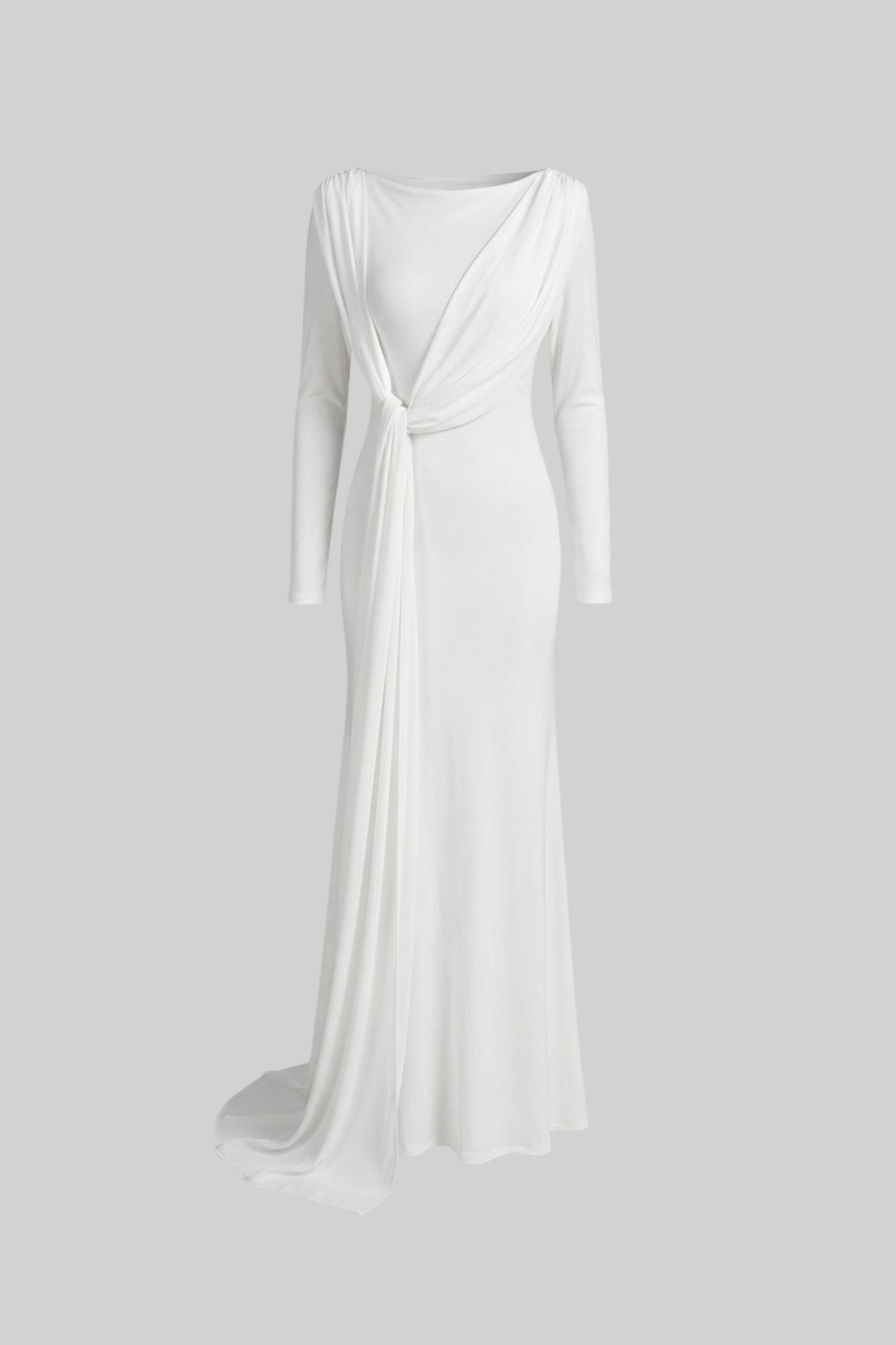 Draped Long Sleeve Maxi Dress With Cape Overlay With Knot Front Detail - White