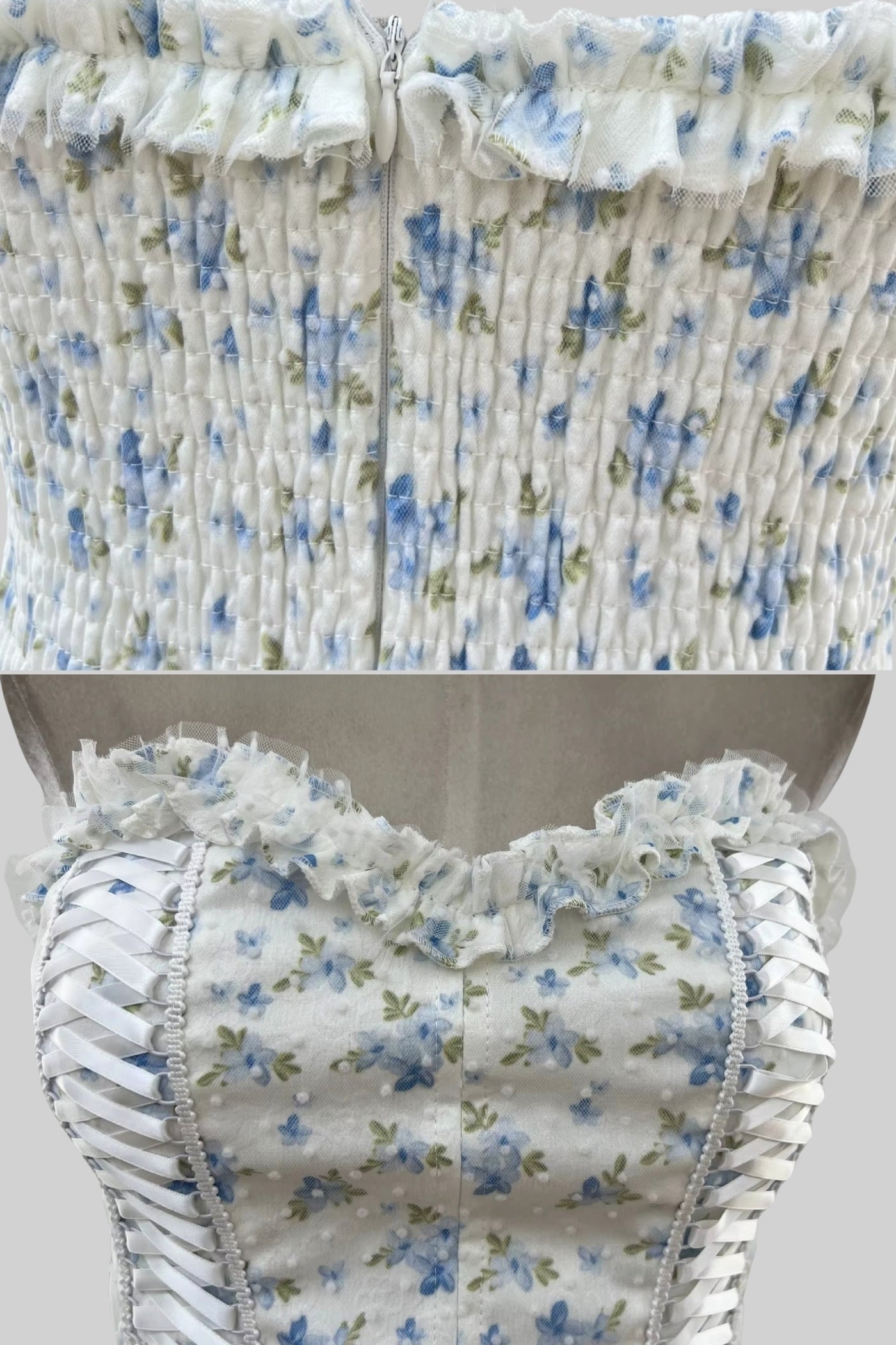 Robe Mini Corset avec Encolure Cœur et Motif Floral Délicat - Blanc/Bleu