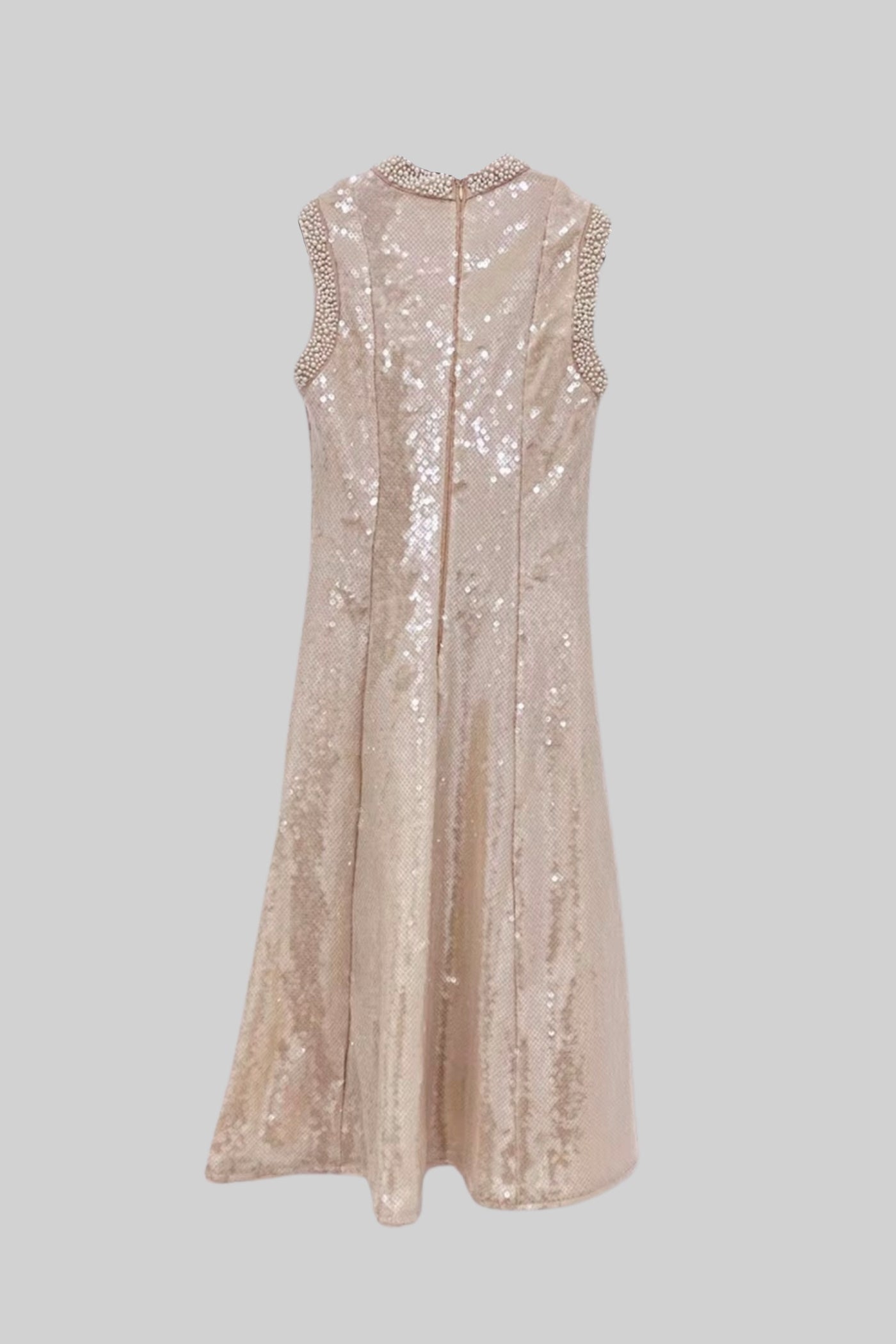 Elegant Sequin Dress With White Pearl Embellishments - Beige