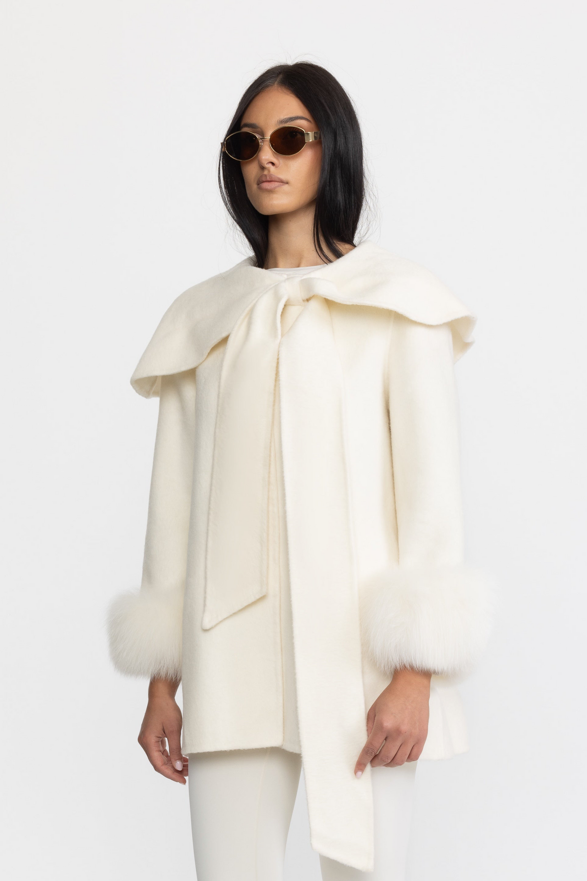 Capelet Collar Wool Jacket with Bow and Fur-Effect Cuffs - Ivoire