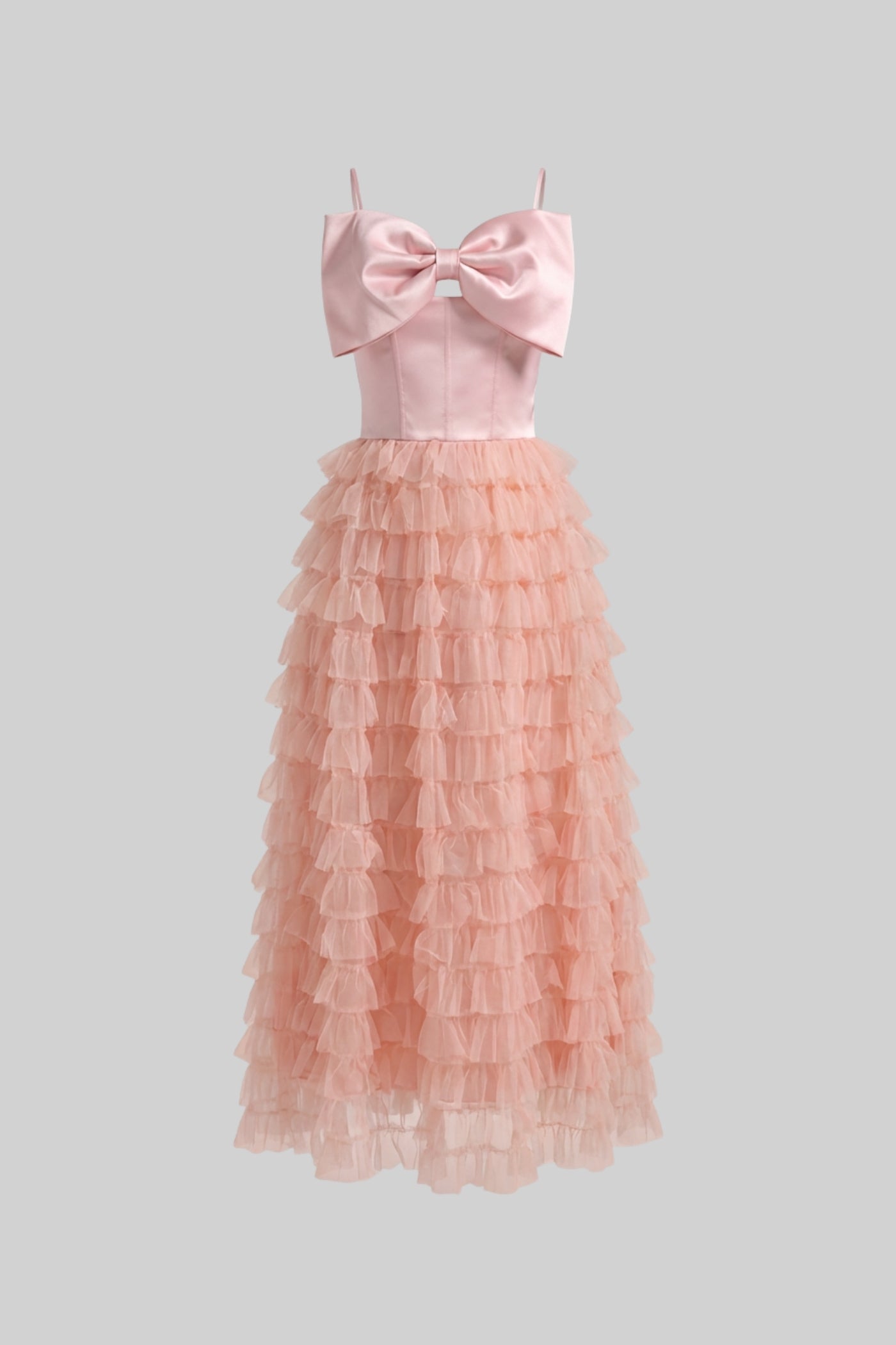 Satin Bow Strap Maxi Dress With Tiered Tulle Skirt - Blush Pink