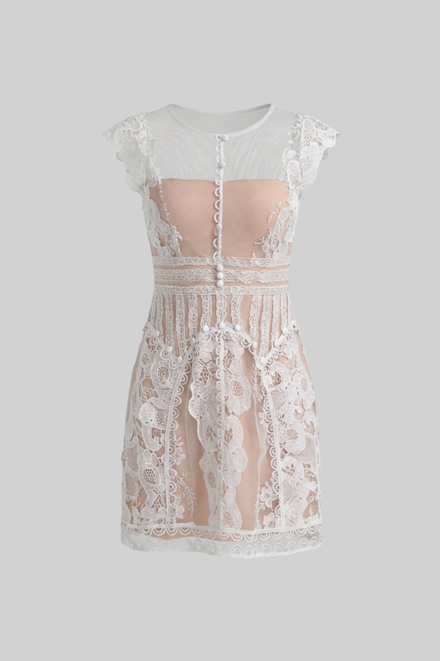 Cap Sleeve Mini Dress With Sheer Yoke And Pearl Button Detail - Ivoire