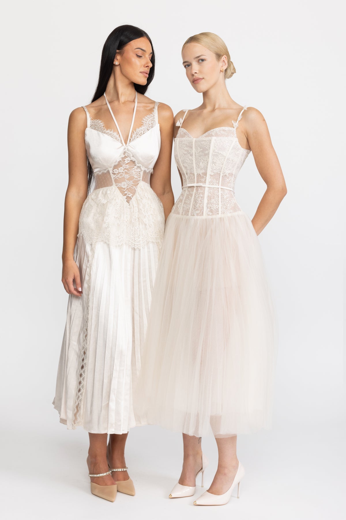 Robe midi en tulle à corset en dentelle - Beige