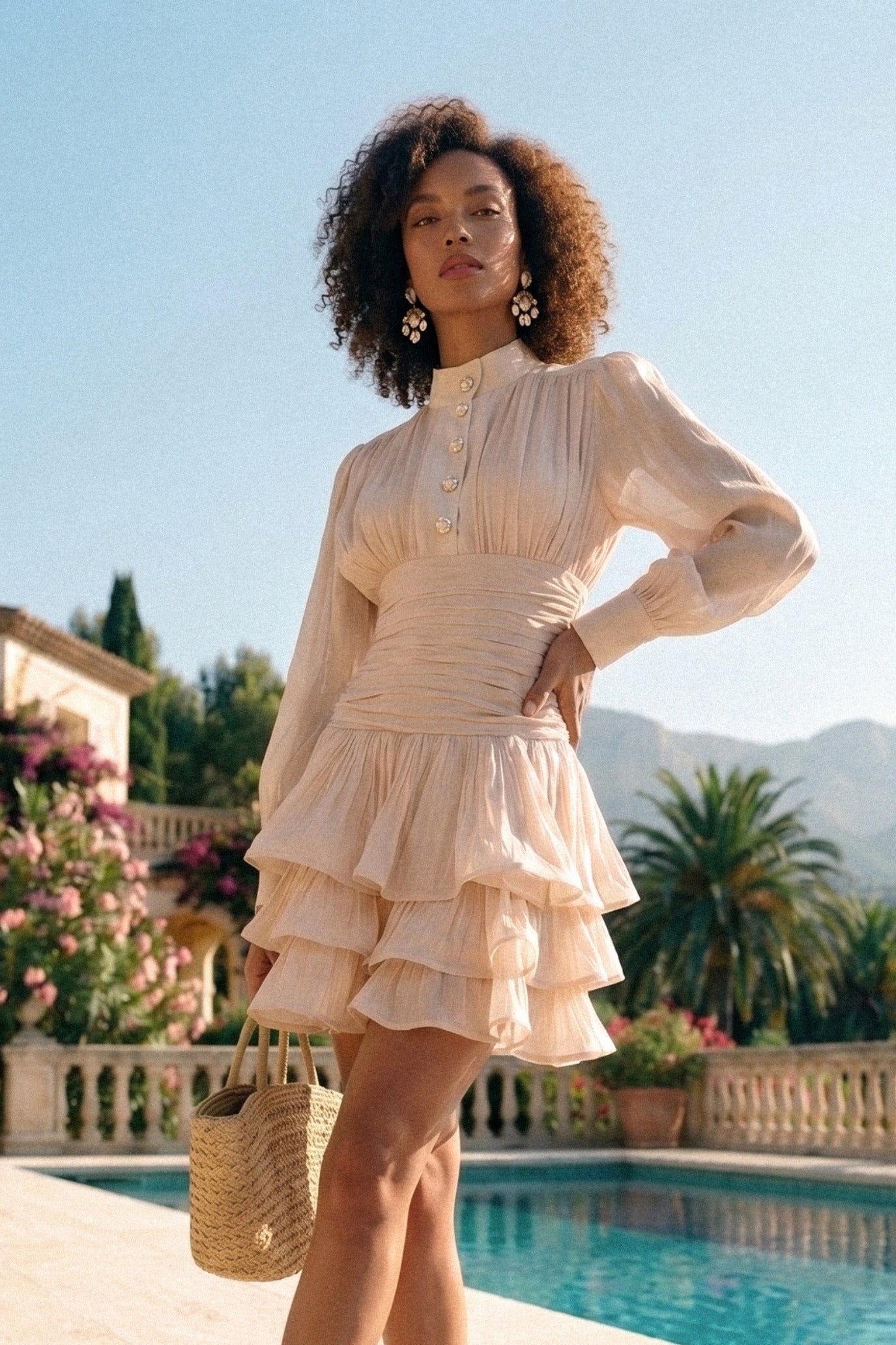 Draped Long Sleeve Mini Dress With Tiered Ruffle Skirt - Champagne