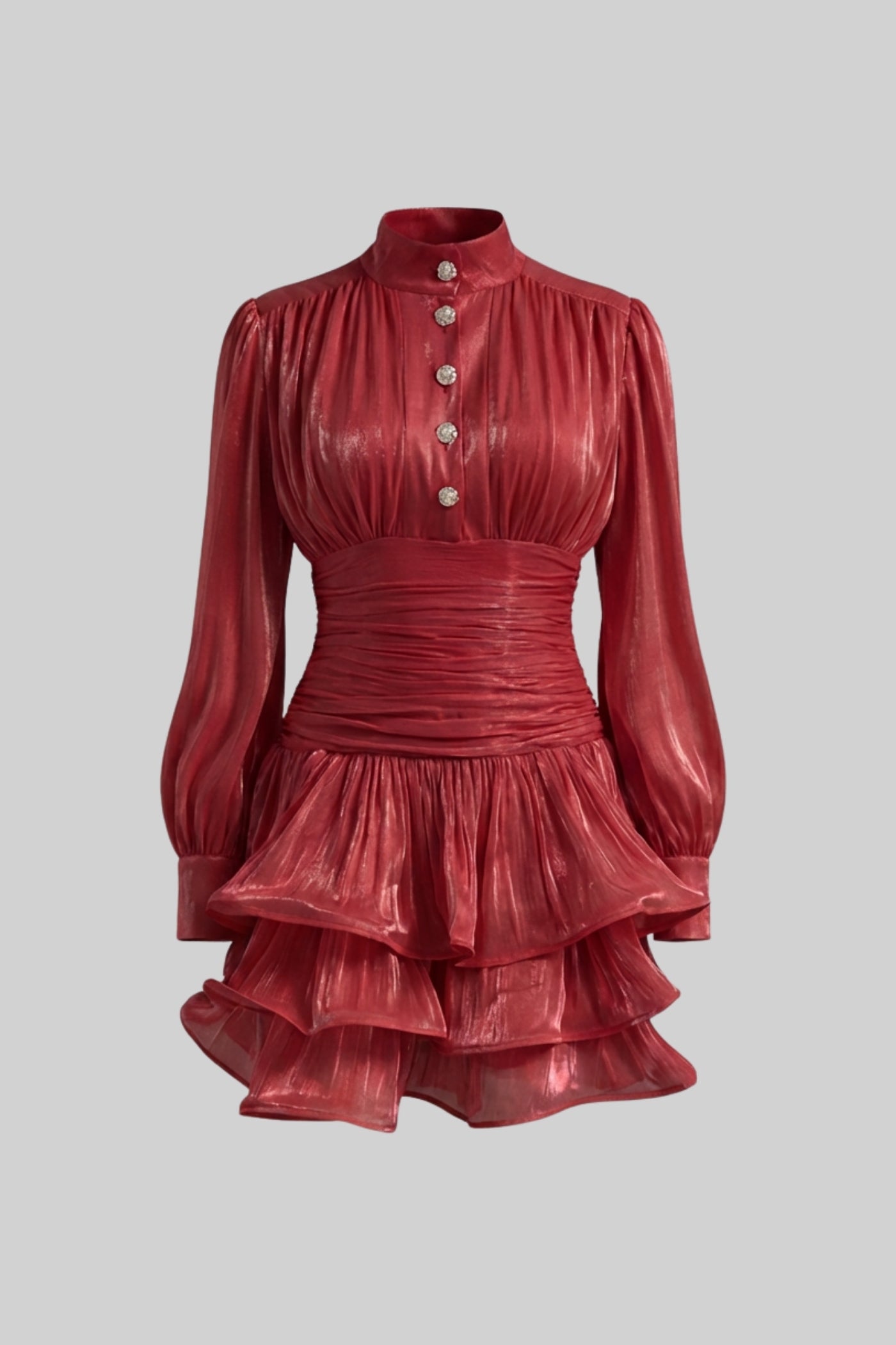 Robe courte drapée à manches longues avec jupe à volants superposés - Rouge