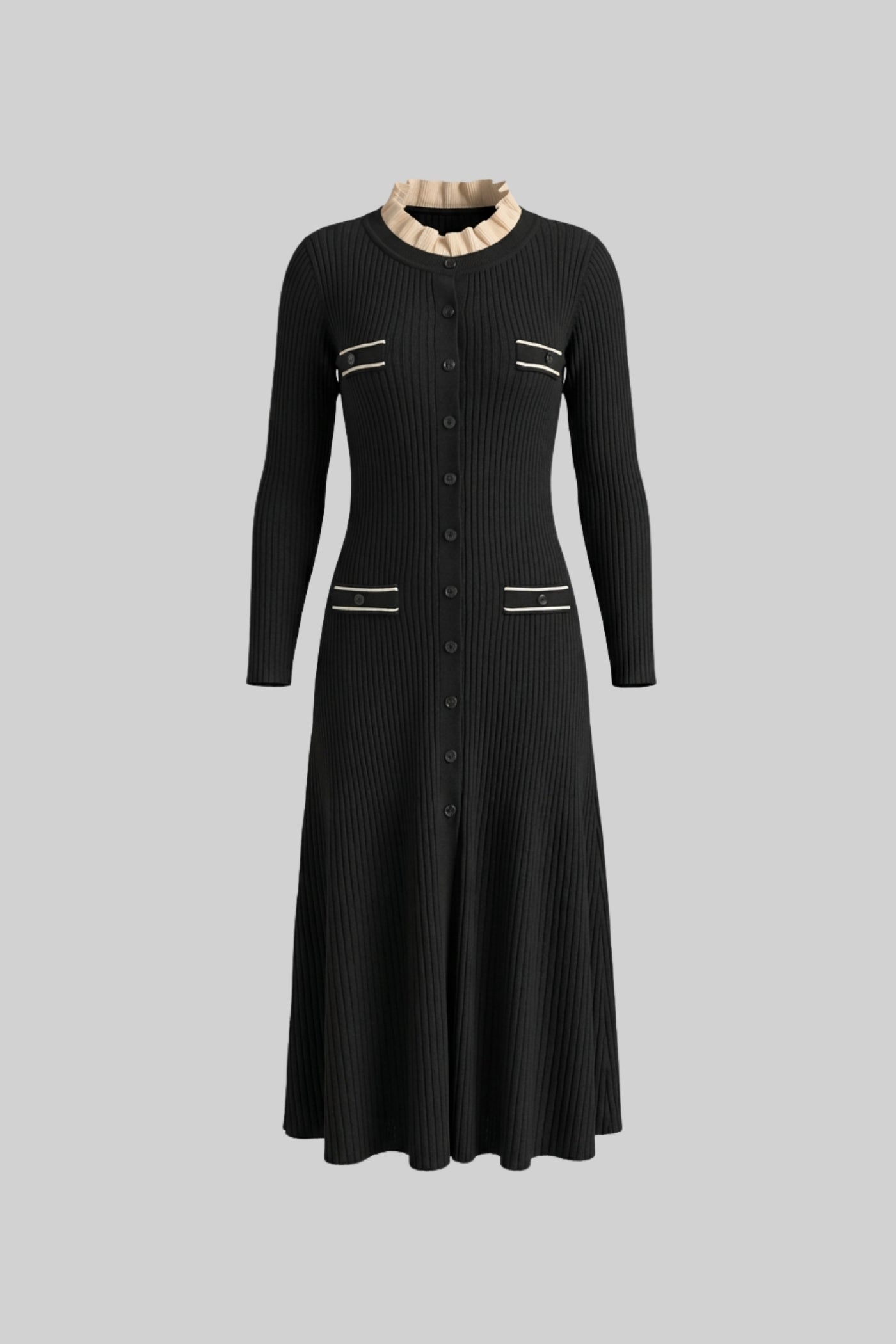 Robe midi à manches longues avec patte de boutonnage frontale et bordure de poche contrastée - Noir