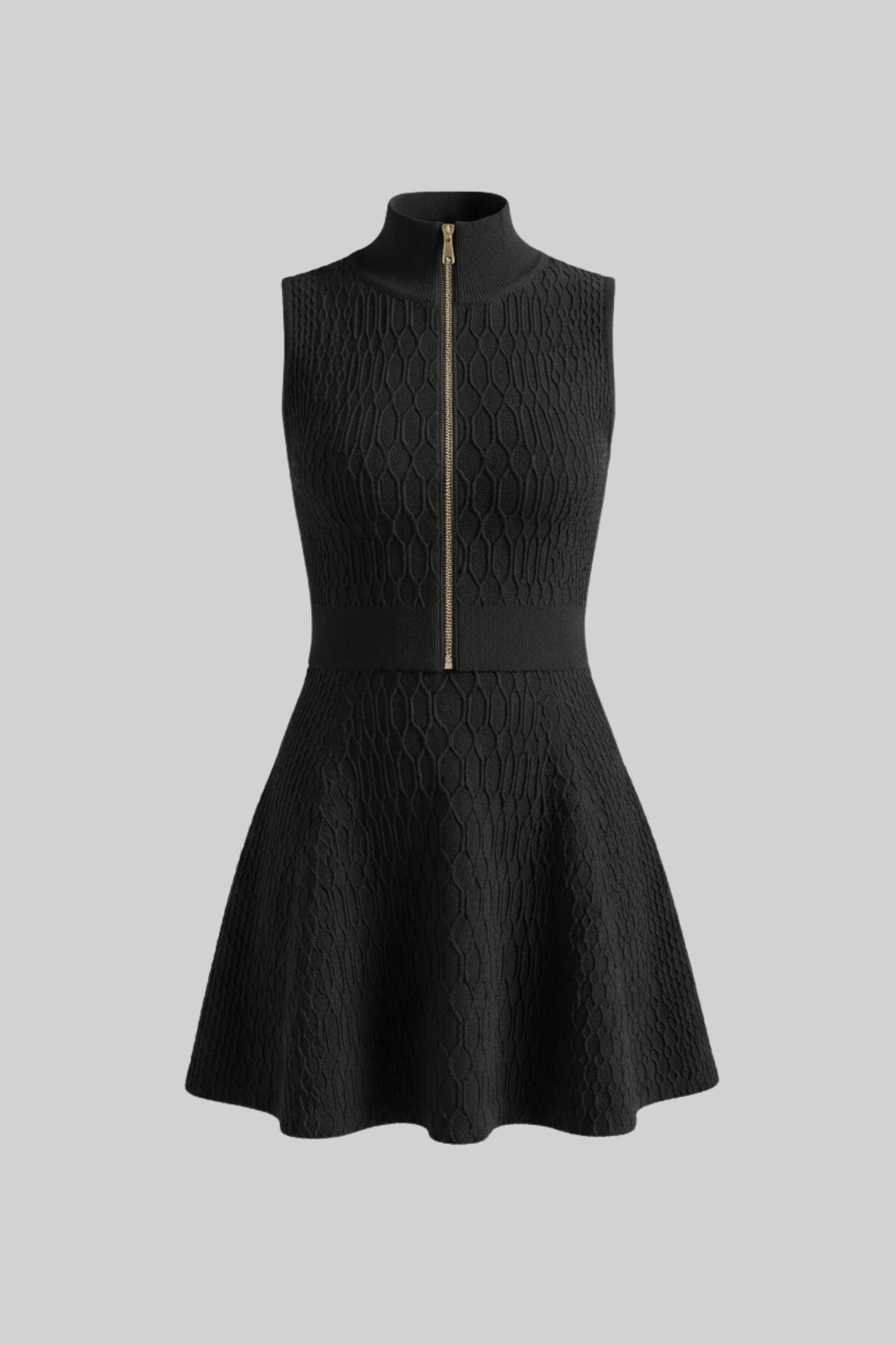 Ensemble coordonné texturé avec haut sans manches à col montant et mini-jupe assortie - Noir