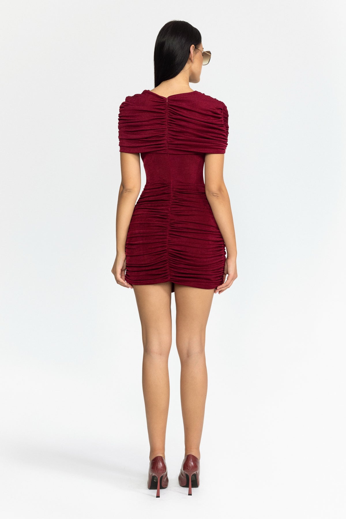 Draped Cape Ruched Mini Dress - Wine