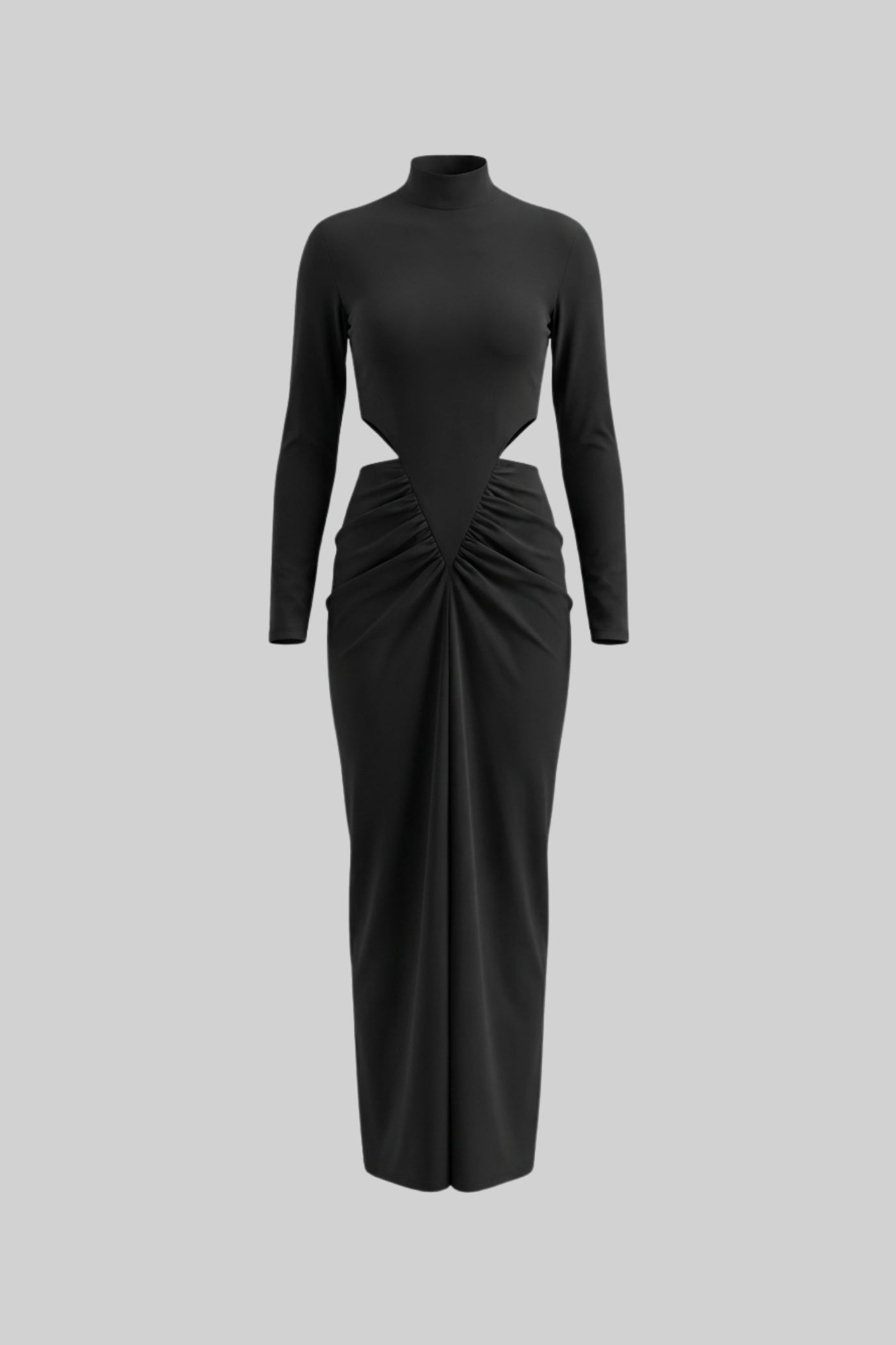 High Neck Maxi Dress With Long Sleeves And Waist Cut-Out Detail - Black