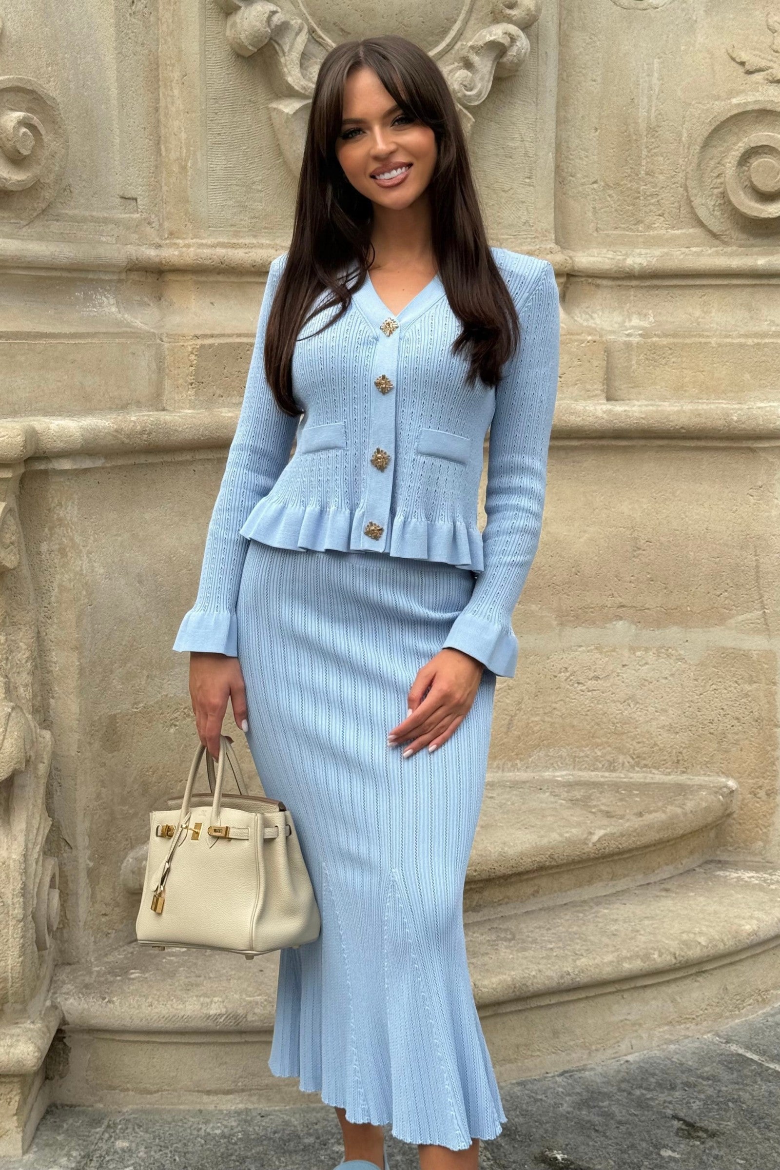 Ensemble assorti en maille : Veste à volants & Jupe évasée - Baby Blue
