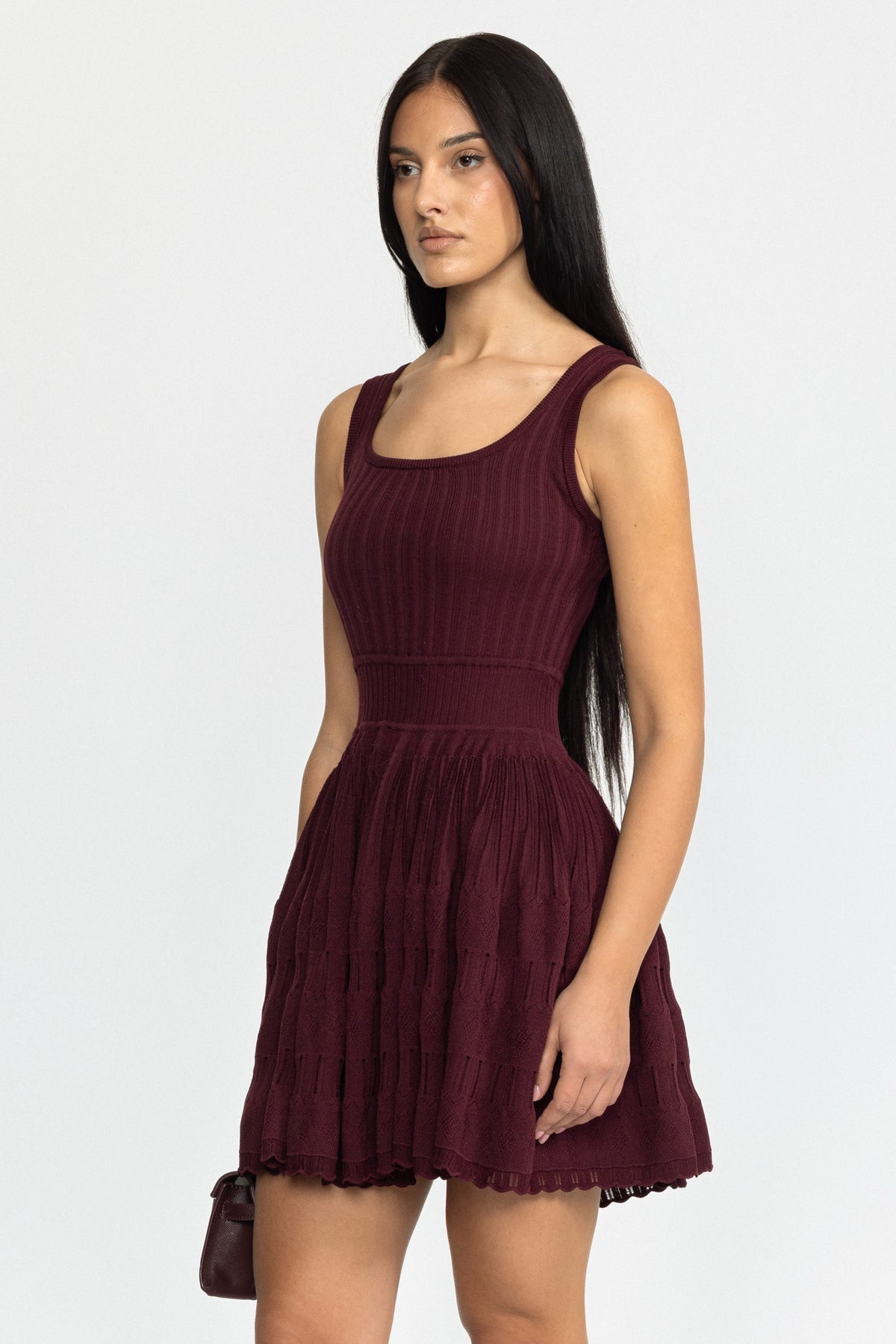 Robe mini patineuse en maille pointelle - bordeaux