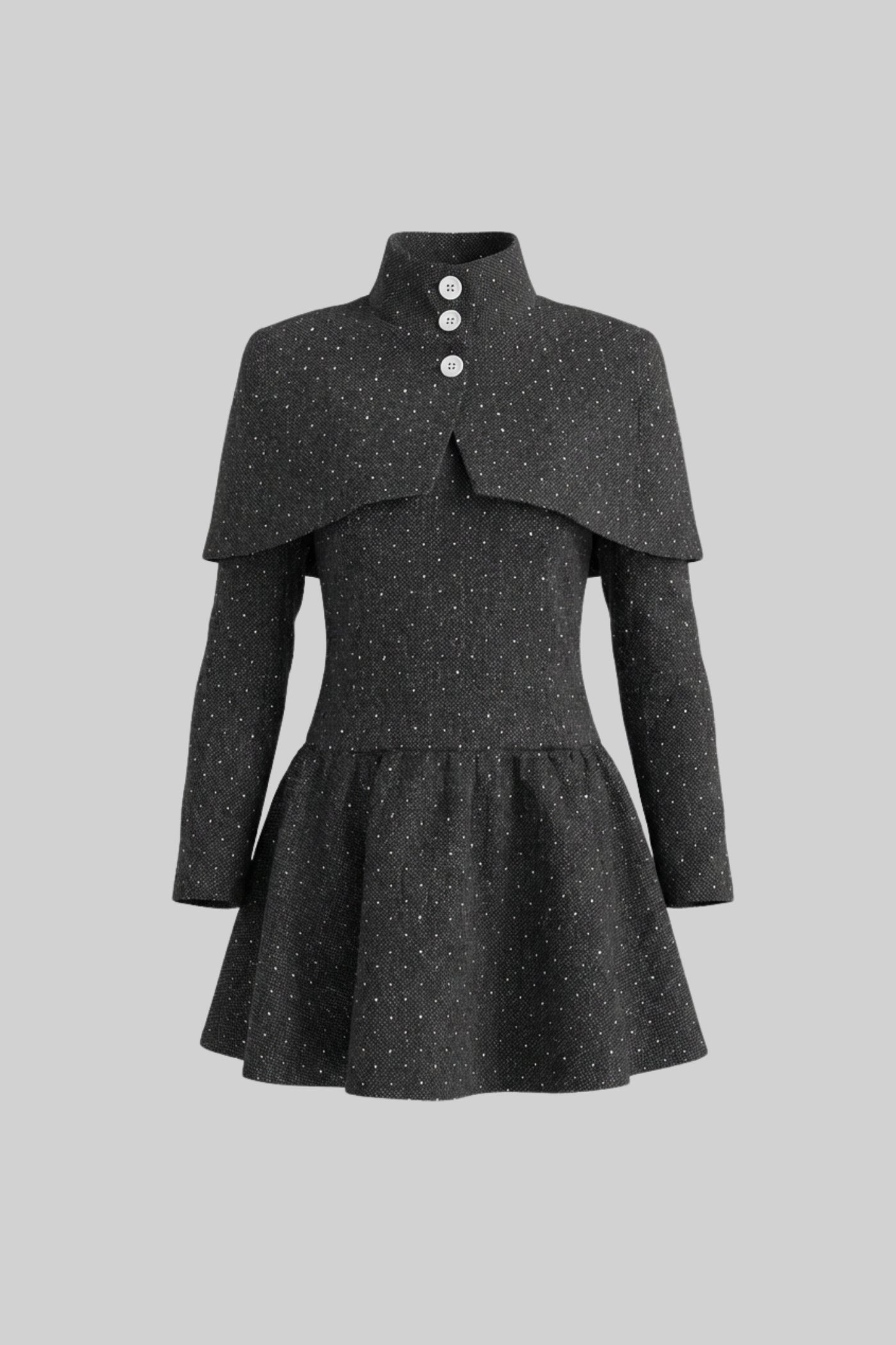 Robe Mini à Manches Longues avec Surcouche Cape Amovible - Charbon