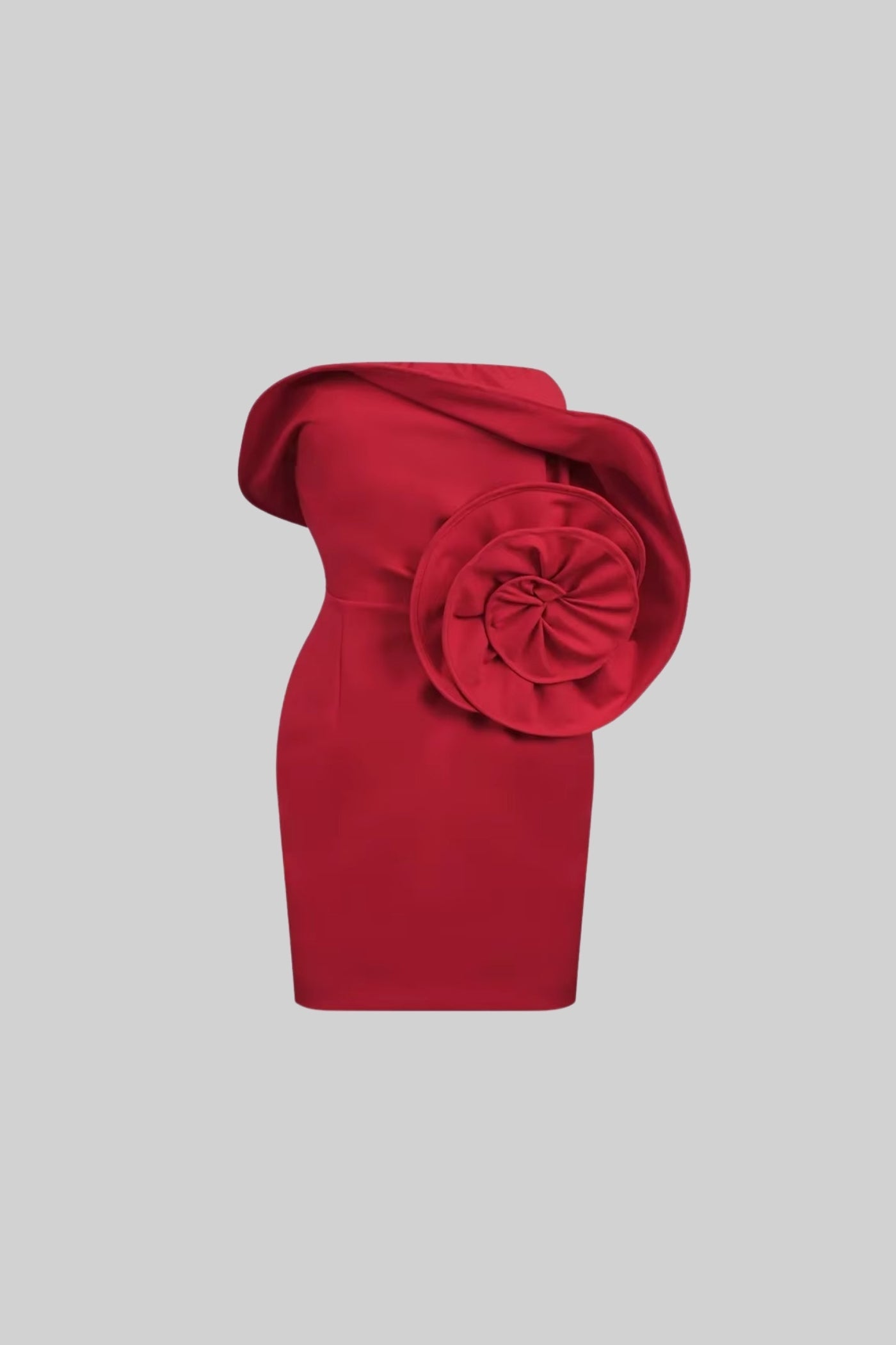 Asymmetrical Off-Shoulder Mini Dress With Oversized Rose Embellishment - Red