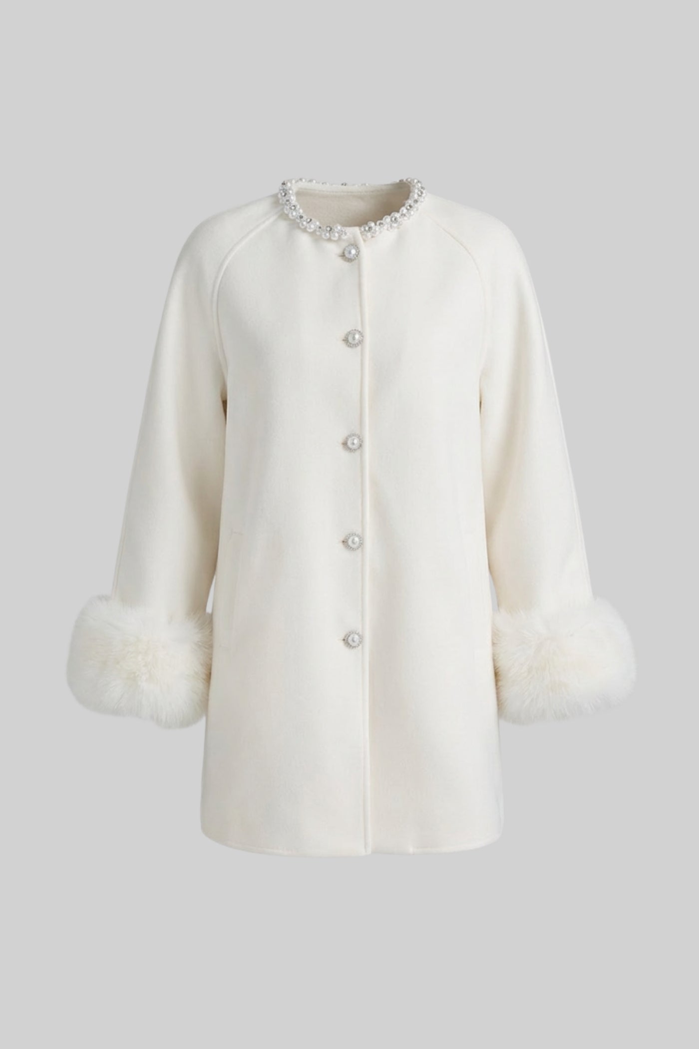 Longline Coat With Pearl Embellished Neckline And Fur Cuffs - White