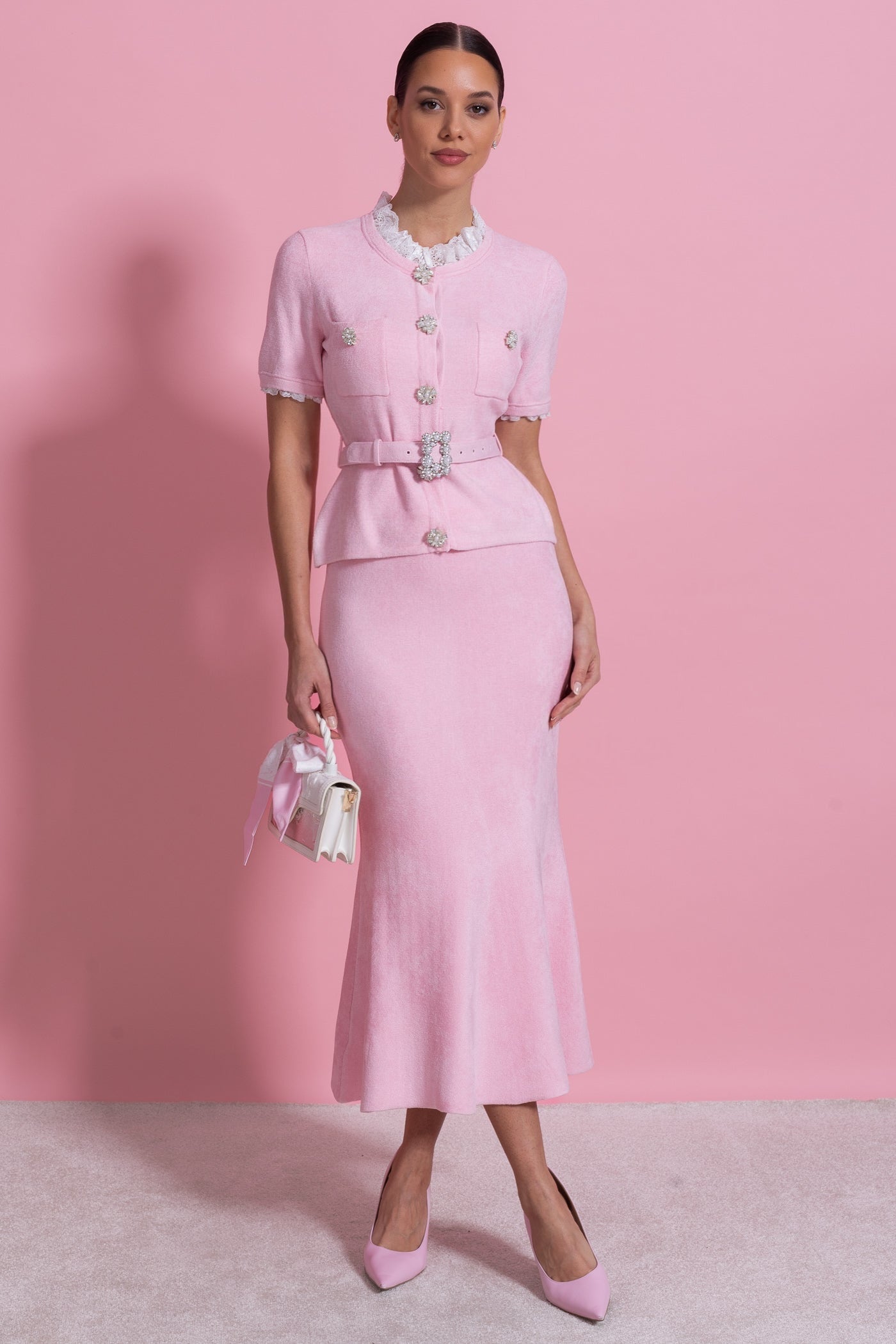 Ensemble à manches courtes avec taille peplum et ceinture à boutons en cristal - Blush Pink