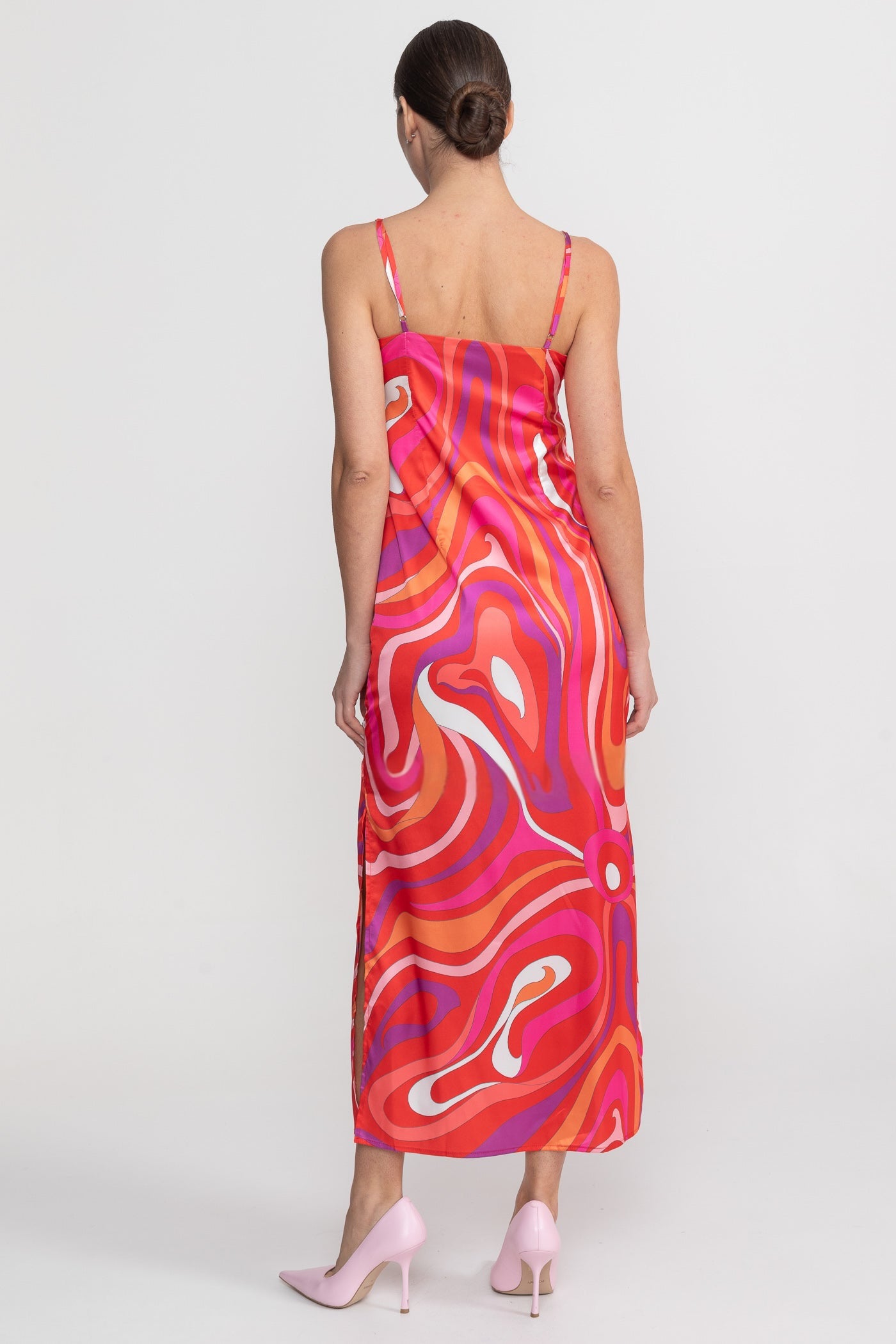 Printed Strappy Midi Dress With Abstract Swirl Pattern - Red